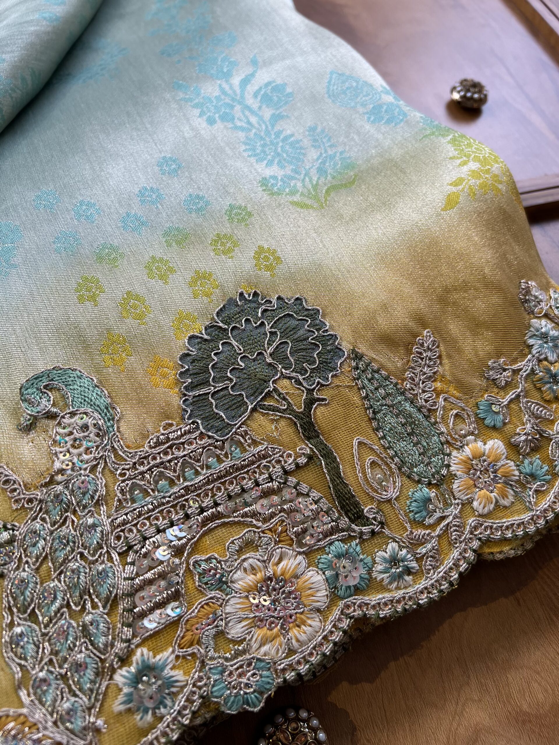 Pastel Blue Dora Silk Saree with 3D Bageecha Artwork Border - Image 4