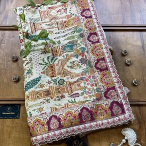 Ivory Maheshwari Silk Half & Half Saree with Khaddi Rangkaat & 3D Artwork