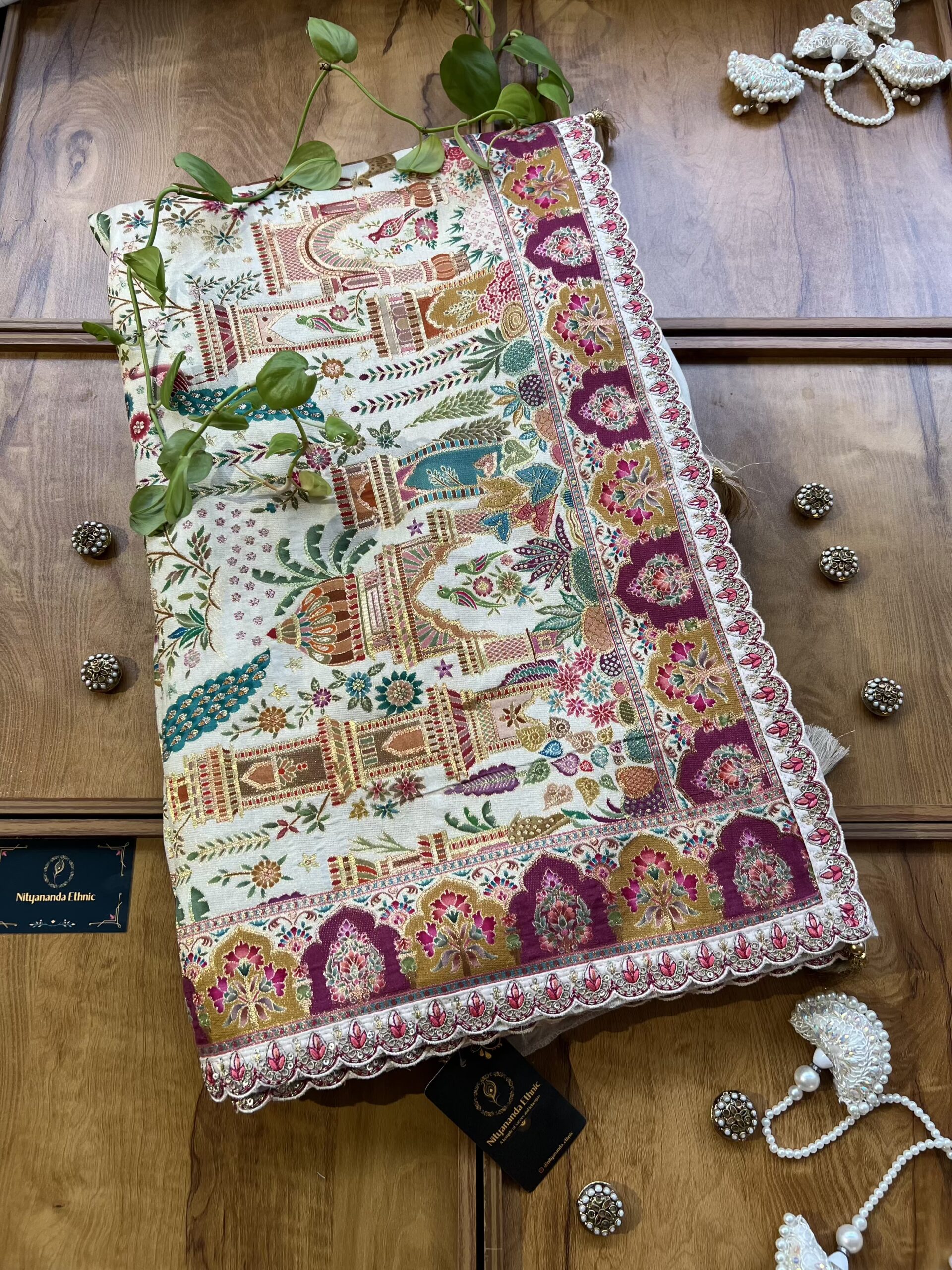 Ivory Maheshwari Silk Half & Half Saree with Khaddi Rangkaat & 3D Artwork