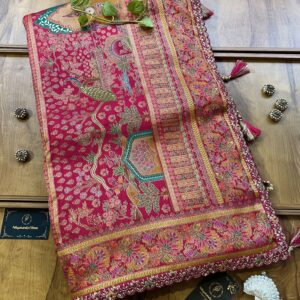 Magenta Maheshwari Silk Half & Half Saree with Khaddi Rangkaat & 3D Artwork