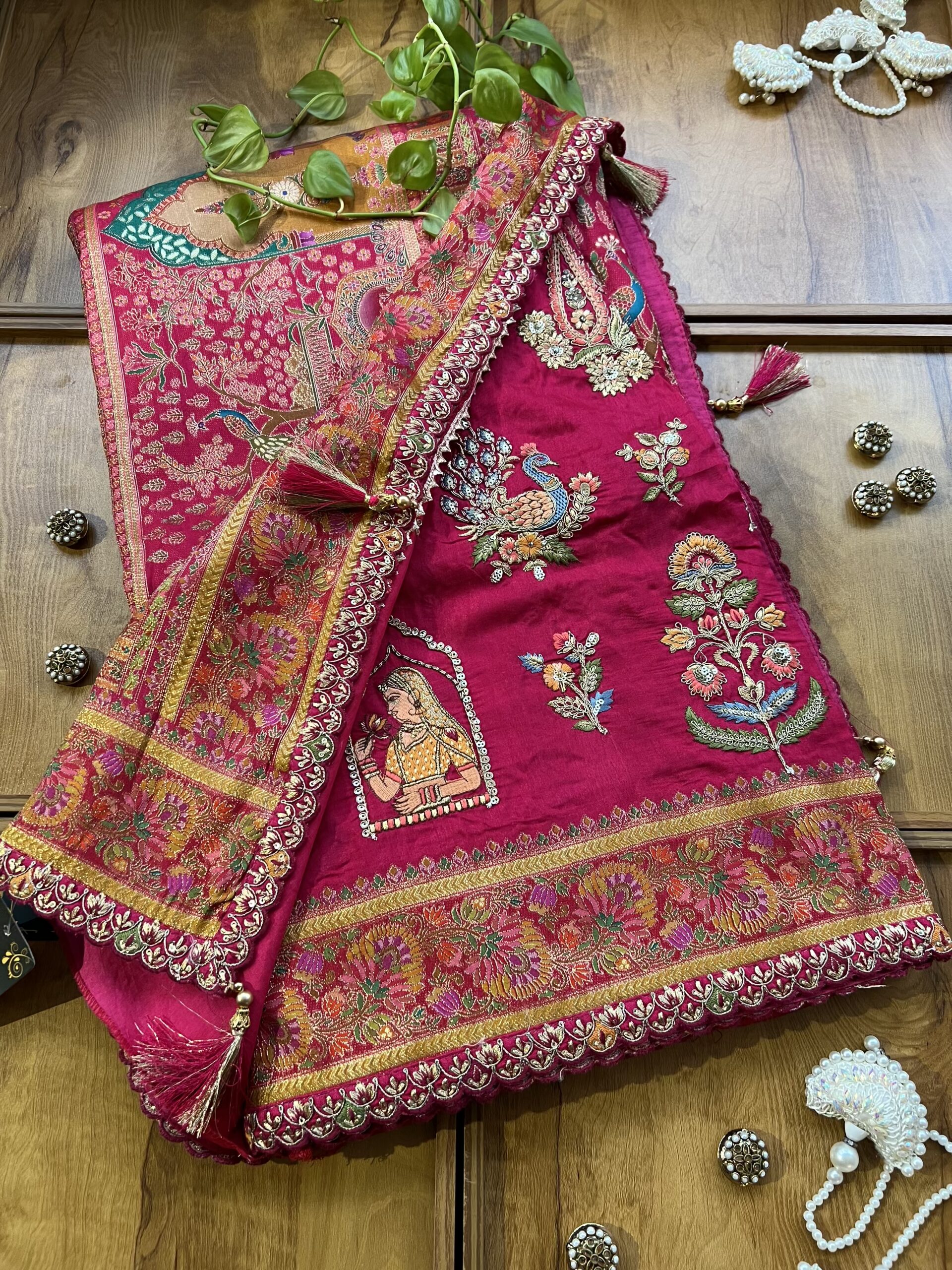 Magenta Maheshwari Silk Half & Half Saree with Khaddi Rangkaat & 3D Artwork - Image 3