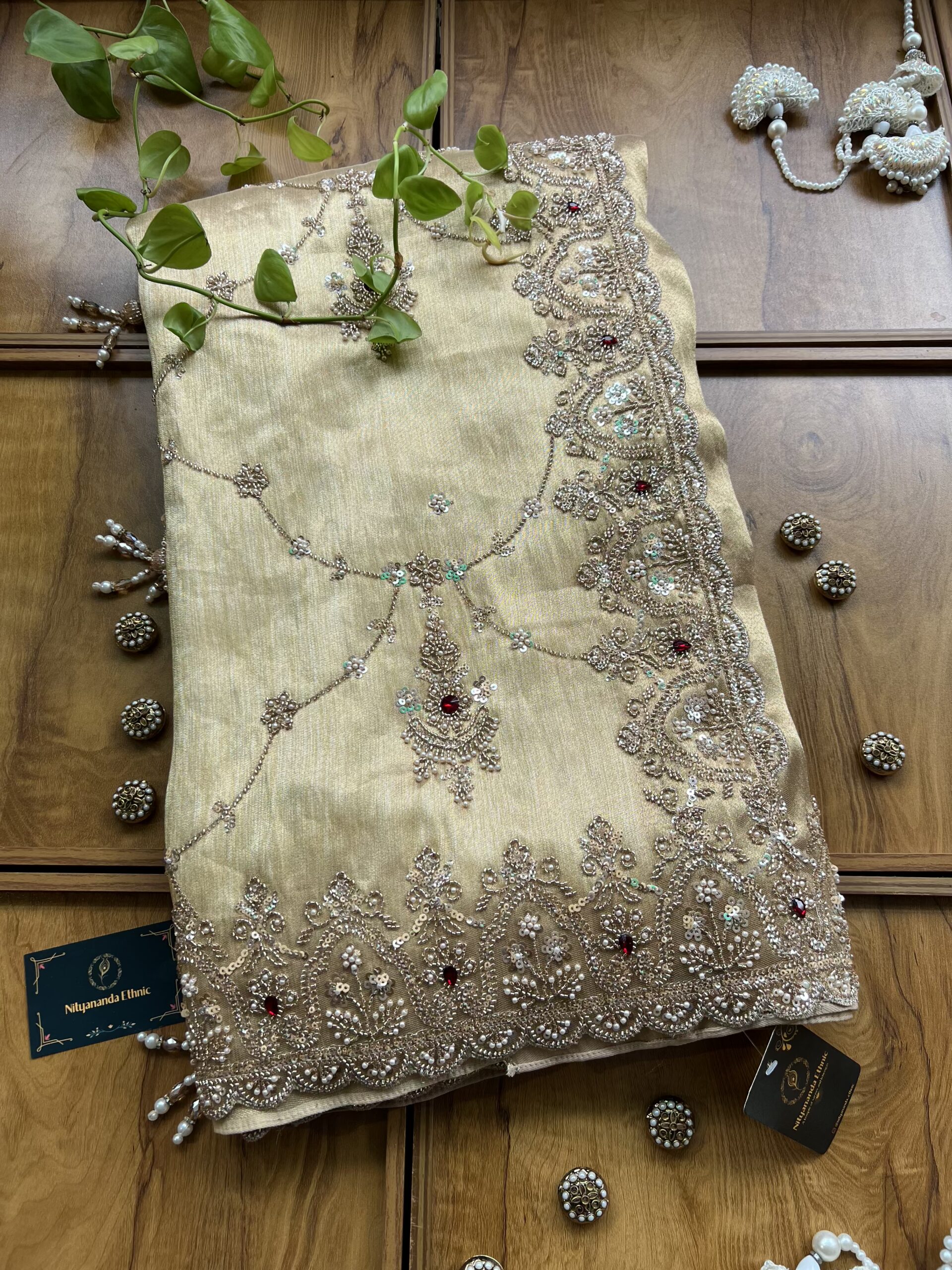 Golden Tissue Silk Heavy Jhumka Jaal Saree