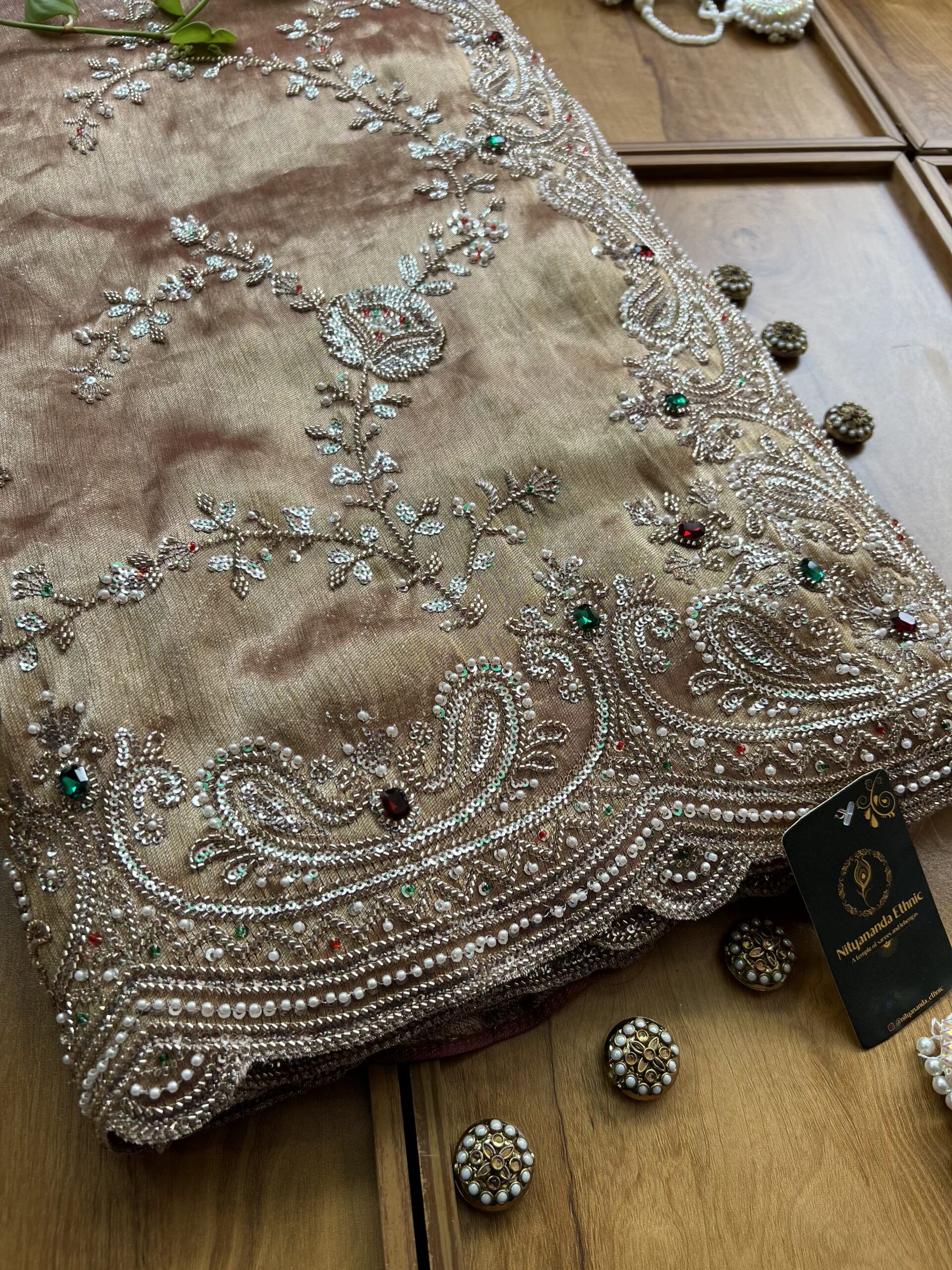 Gold Copper Ombre Tissue Silk Heavy Bel Jaal Saree - Image 2