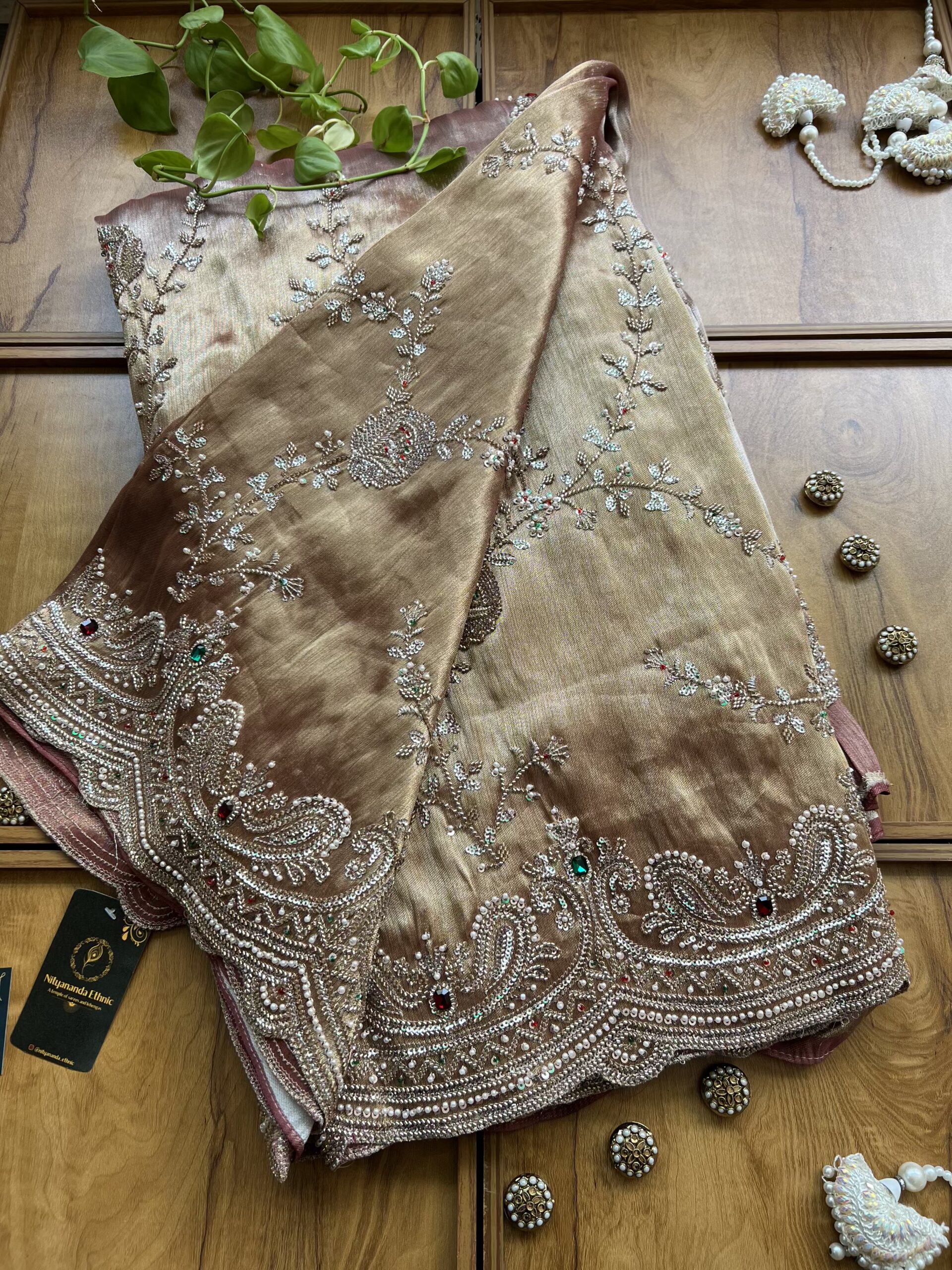 Gold Copper Ombre Tissue Silk Heavy Bel Jaal Saree - Image 3