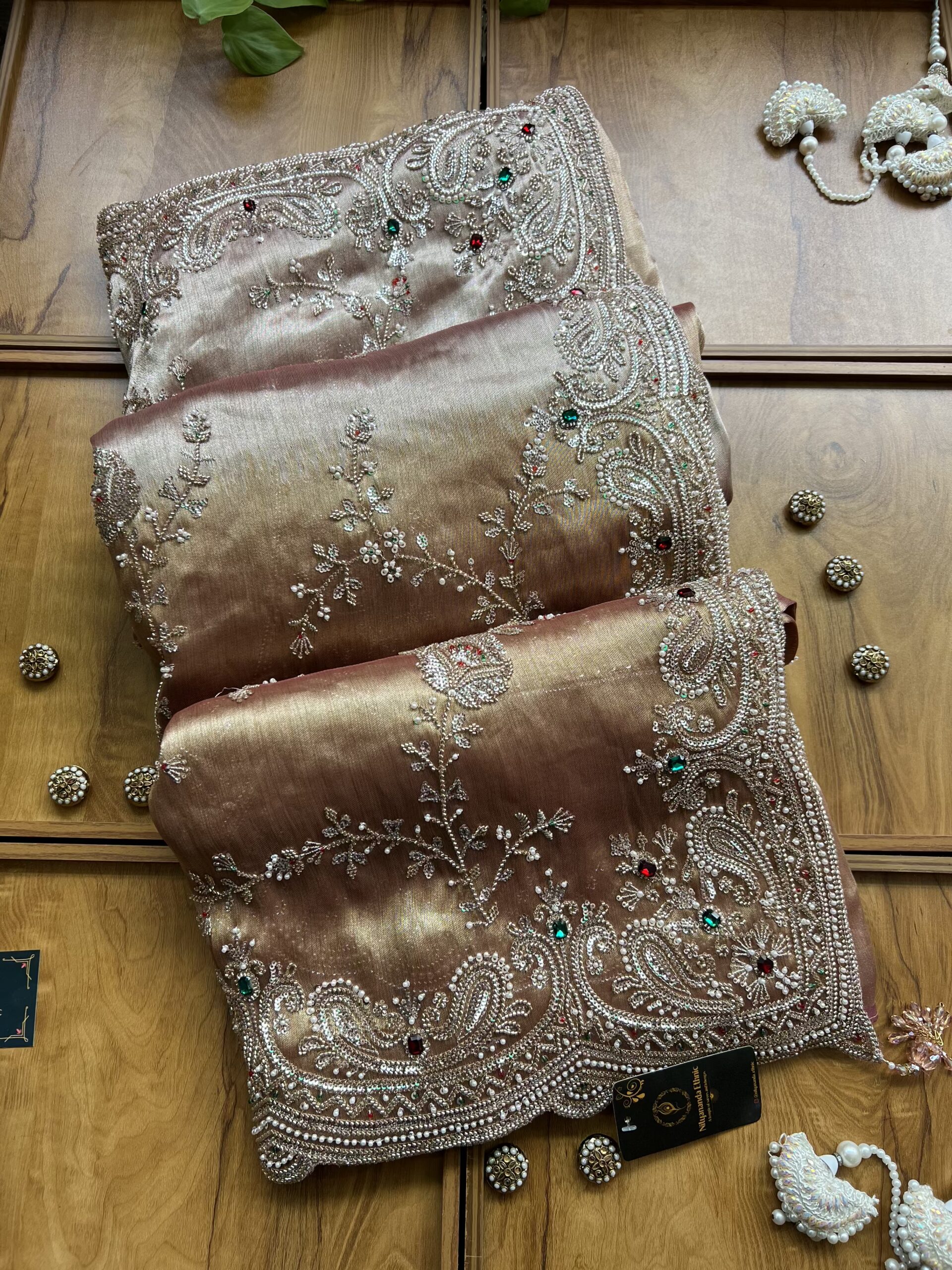 Gold Copper Ombre Tissue Silk Heavy Bel Jaal Saree - Image 4