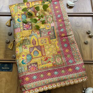 Mustard Maheshwari Silk Half & Half Saree with Khaddi Rangkaat & 3D Artwork