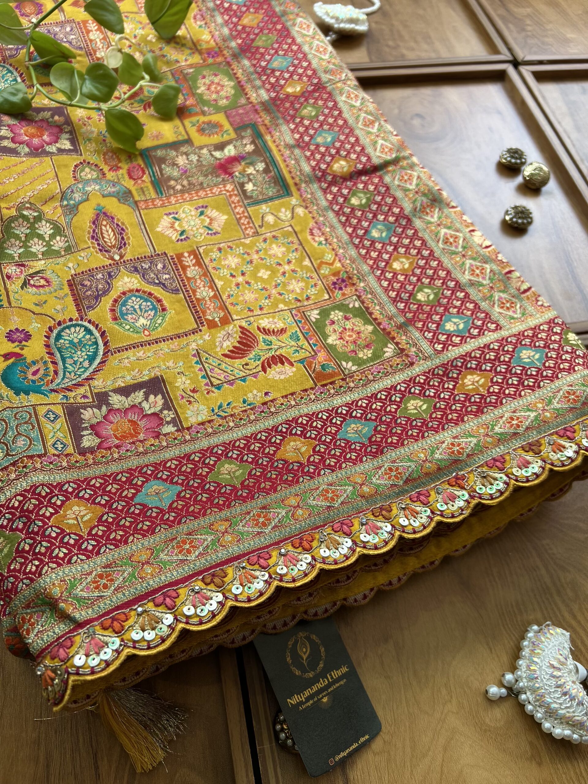 Mustard Maheshwari Silk Half & Half Saree with Khaddi Rangkaat & 3D Artwork - Image 2