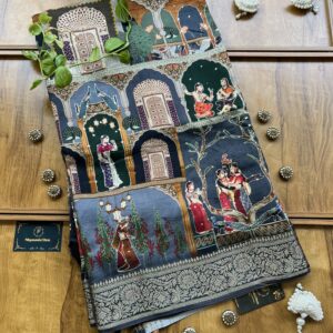 Midnight Grey Multi Scenery Artwork Kasab Work Silk Saree