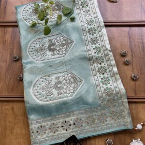 Pastel Blue Woven Silk Saree with Mirror Border & Cutwork Petals