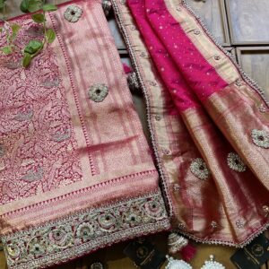 Magenta Banarasi Bridal Saree with Heavy Embroidery Border & Dupatta