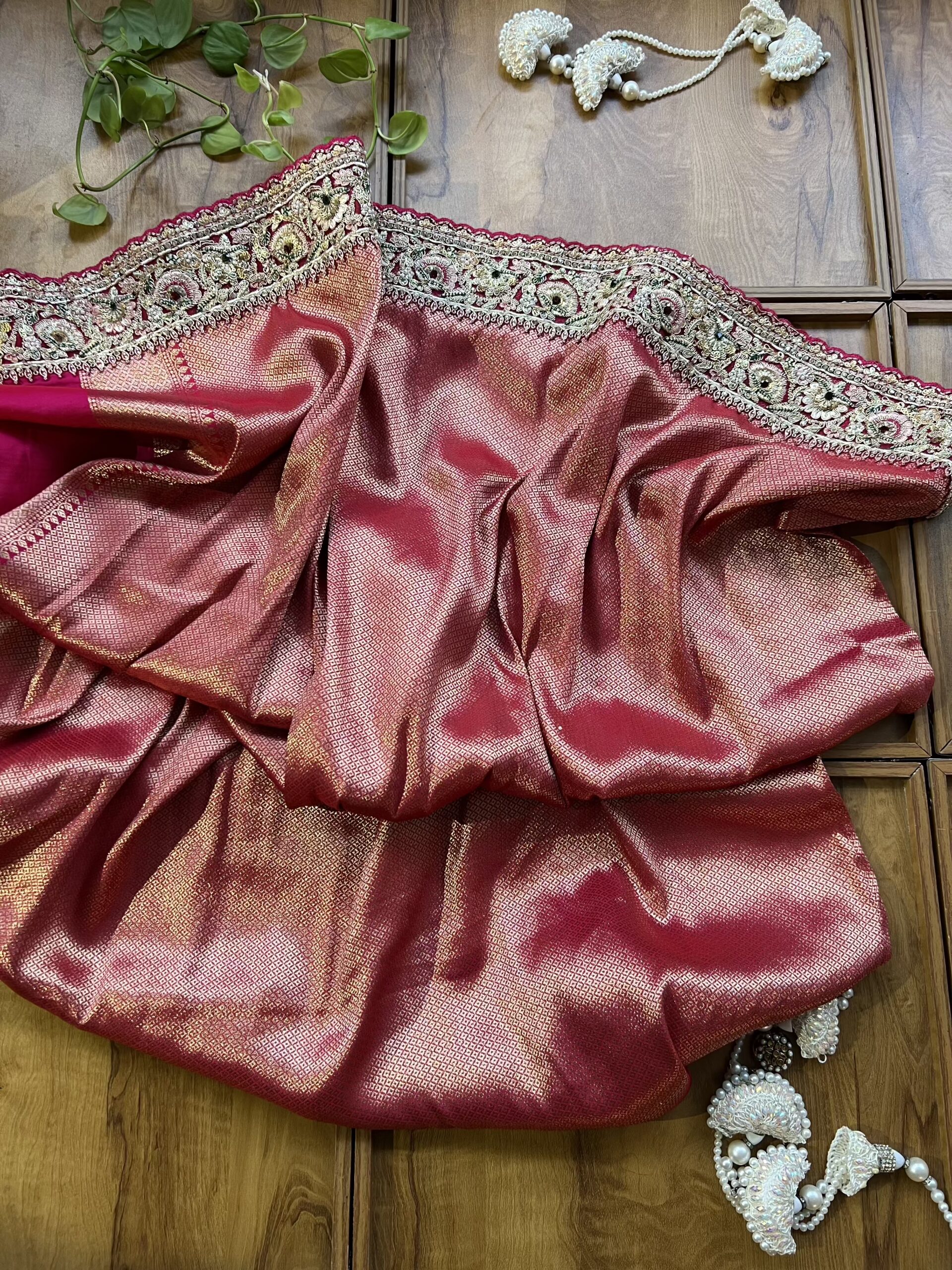 Magenta Banarasi Bridal Saree with Heavy Embroidery Border & Dupatta - Image 8