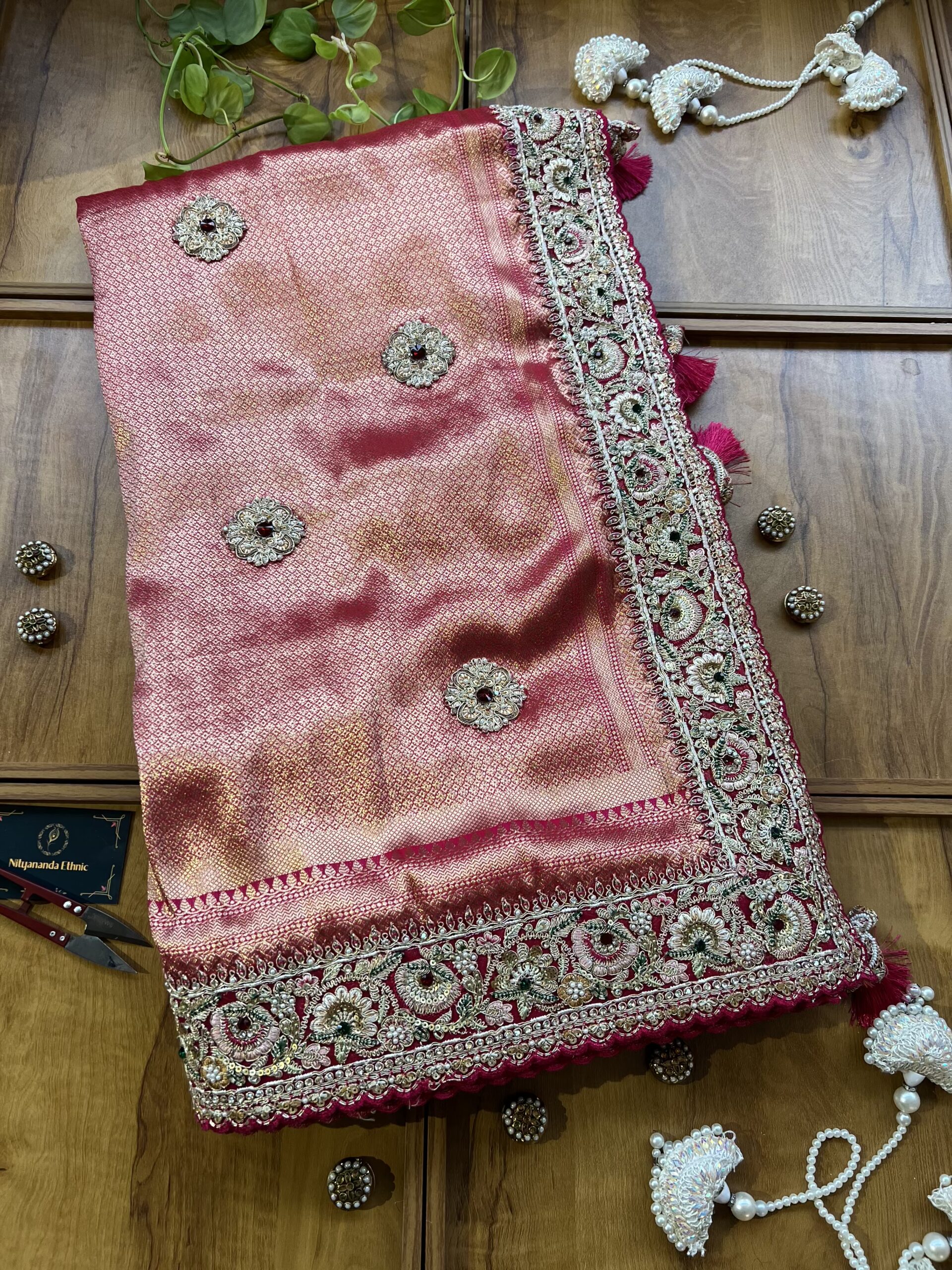 Magenta Banarasi Bridal Saree with Heavy Embroidery Border & Dupatta - Image 2