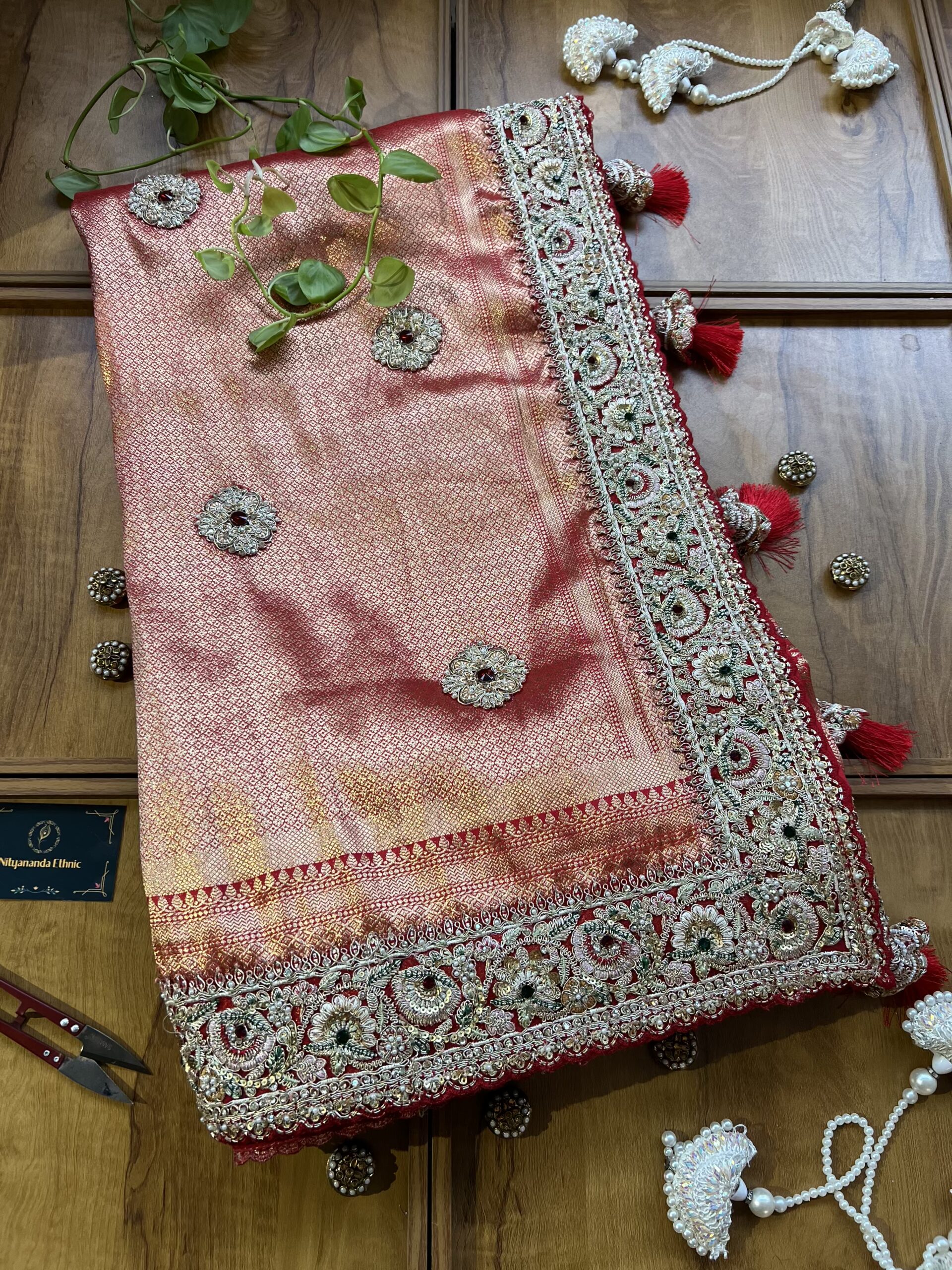 Red Banarasi Bridal Saree with Heavy Embroidery Border & Dupatta - Image 2