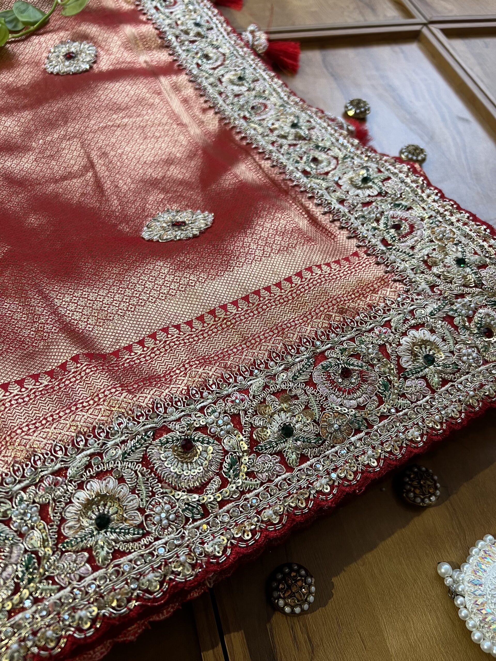 Red Banarasi Bridal Saree with Heavy Embroidery Border & Dupatta - Image 3
