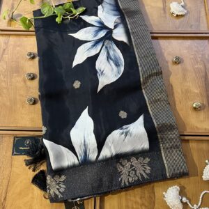 Black Silk Flower Printed Saree with Khaddi Work & Bird Border