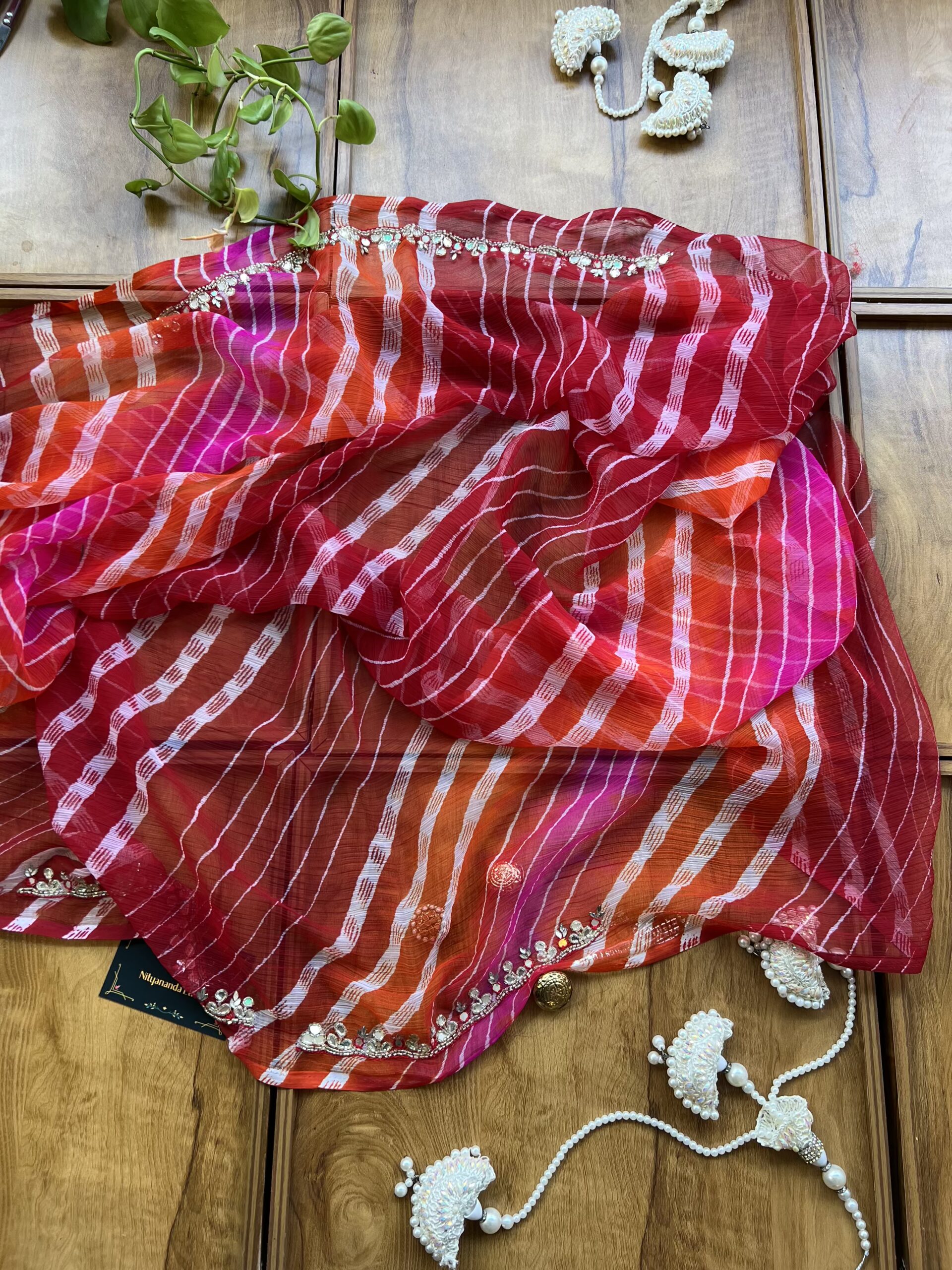 Red Orange Chiffon Handwork Leheriya Saree - Image 5