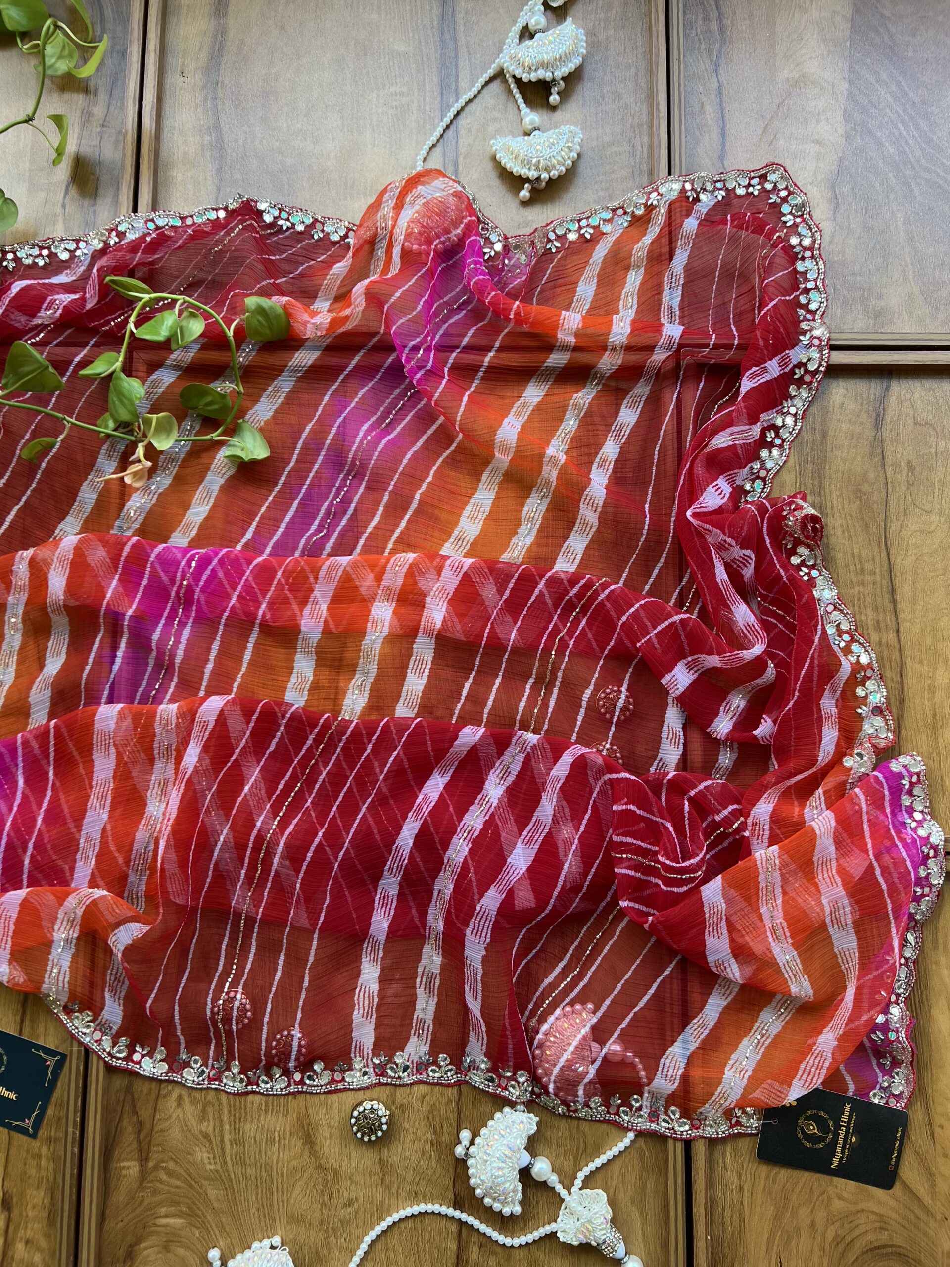Red Orange Chiffon Handwork Leheriya Saree - Image 4