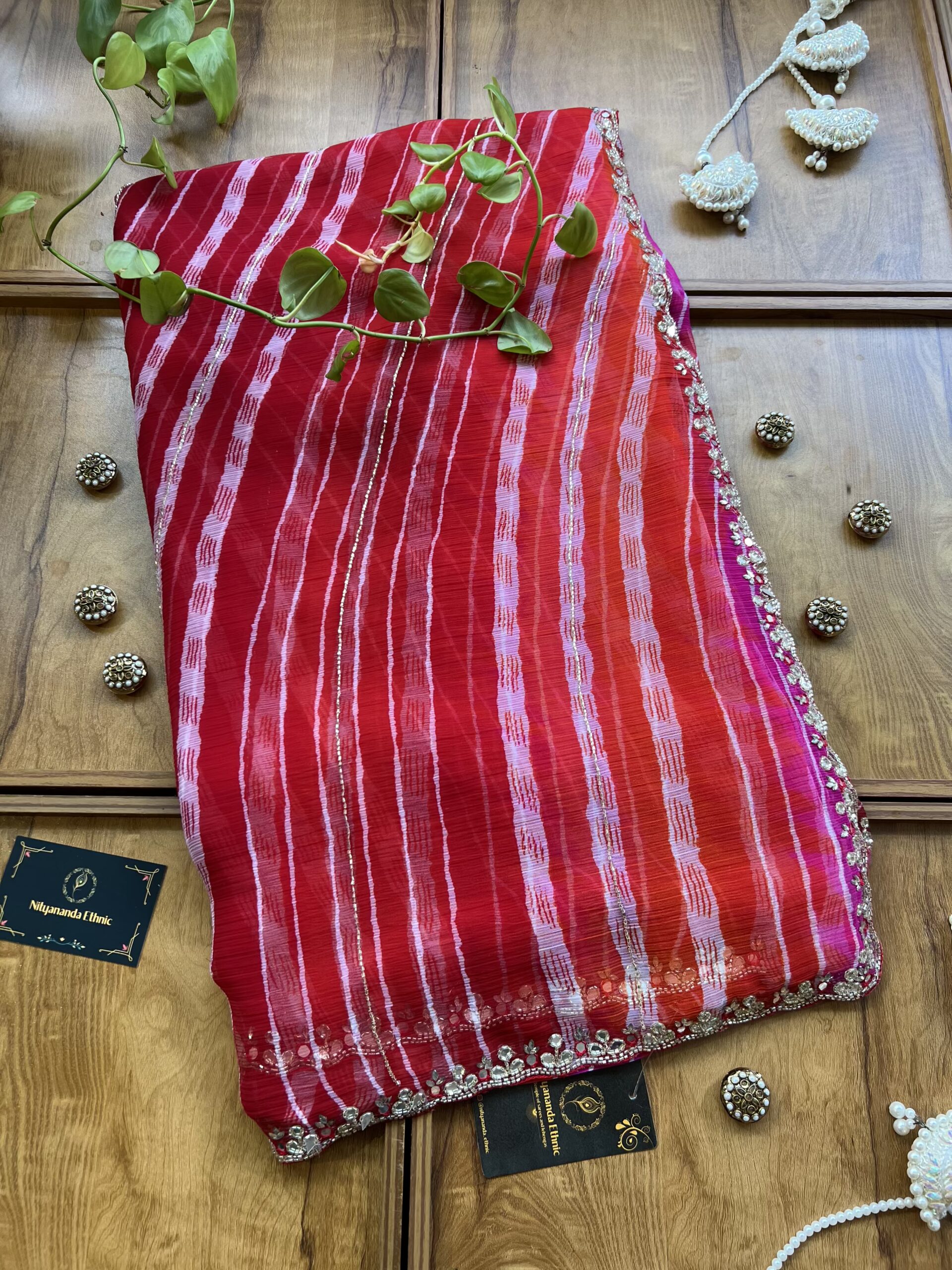 Red Orange Chiffon Handwork Leheriya Saree