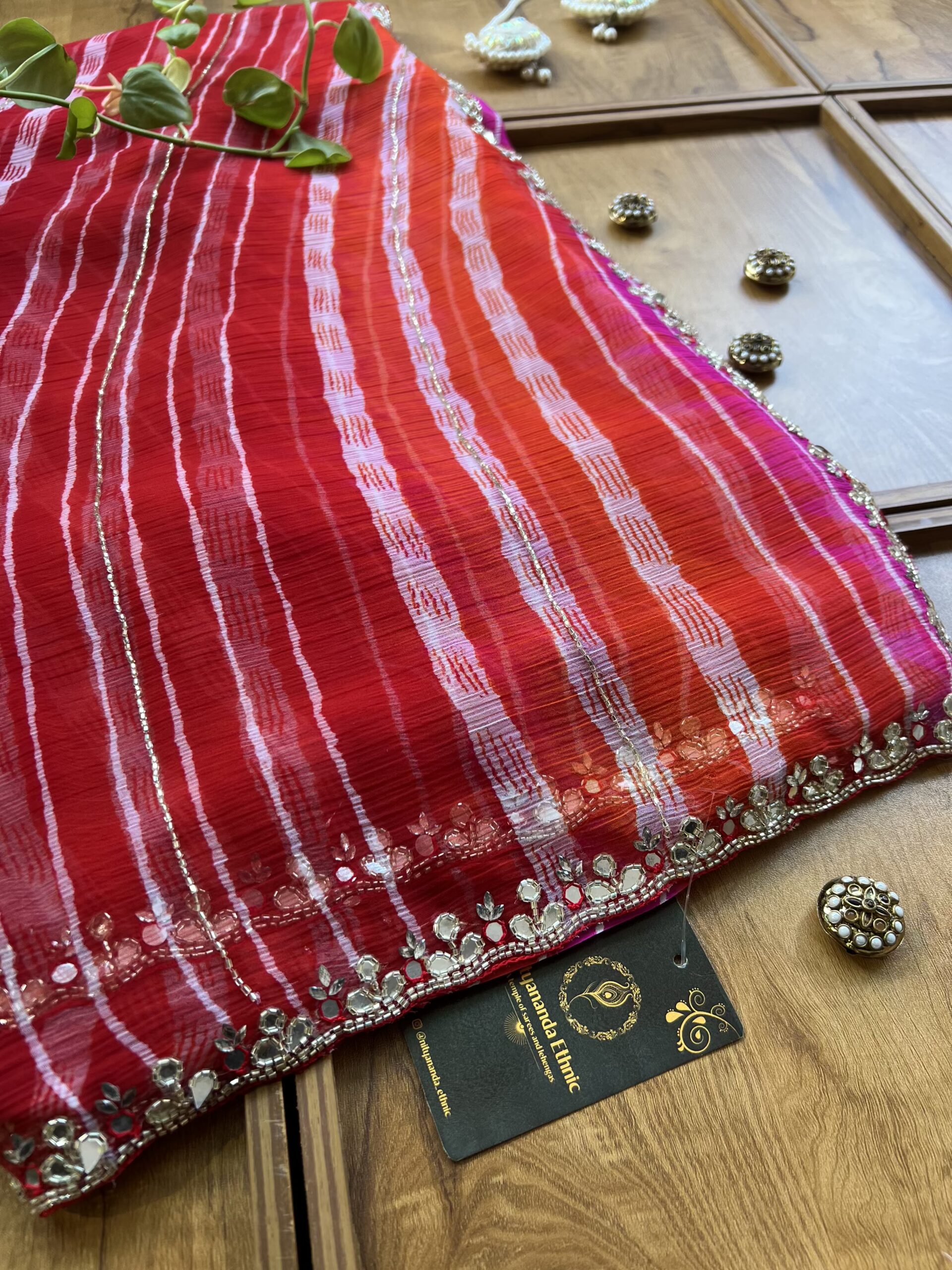 Red Orange Chiffon Handwork Leheriya Saree - Image 2