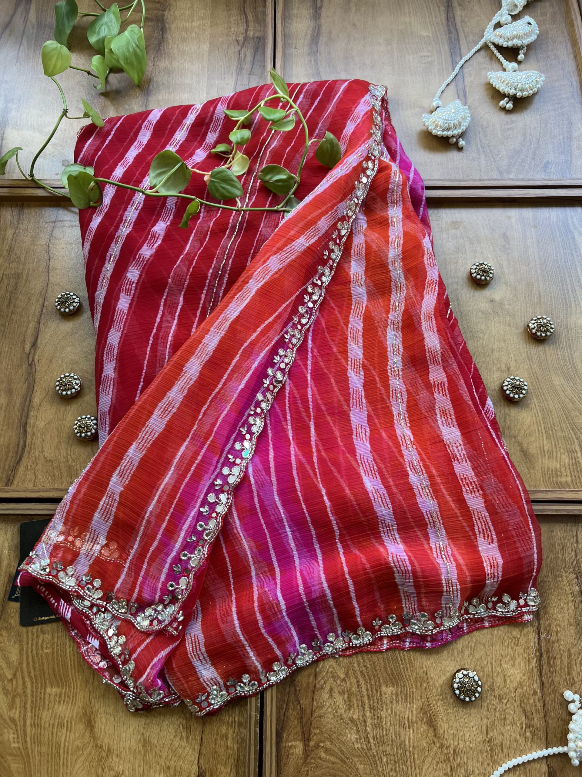 Red Orange Chiffon Handwork Leheriya Saree - Image 3
