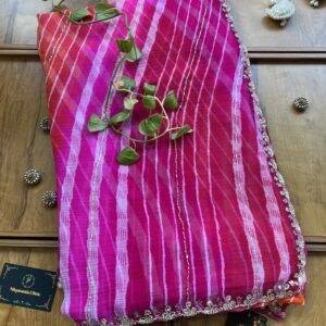 Magenta Orange Chiffon Handwork Leheriya Saree