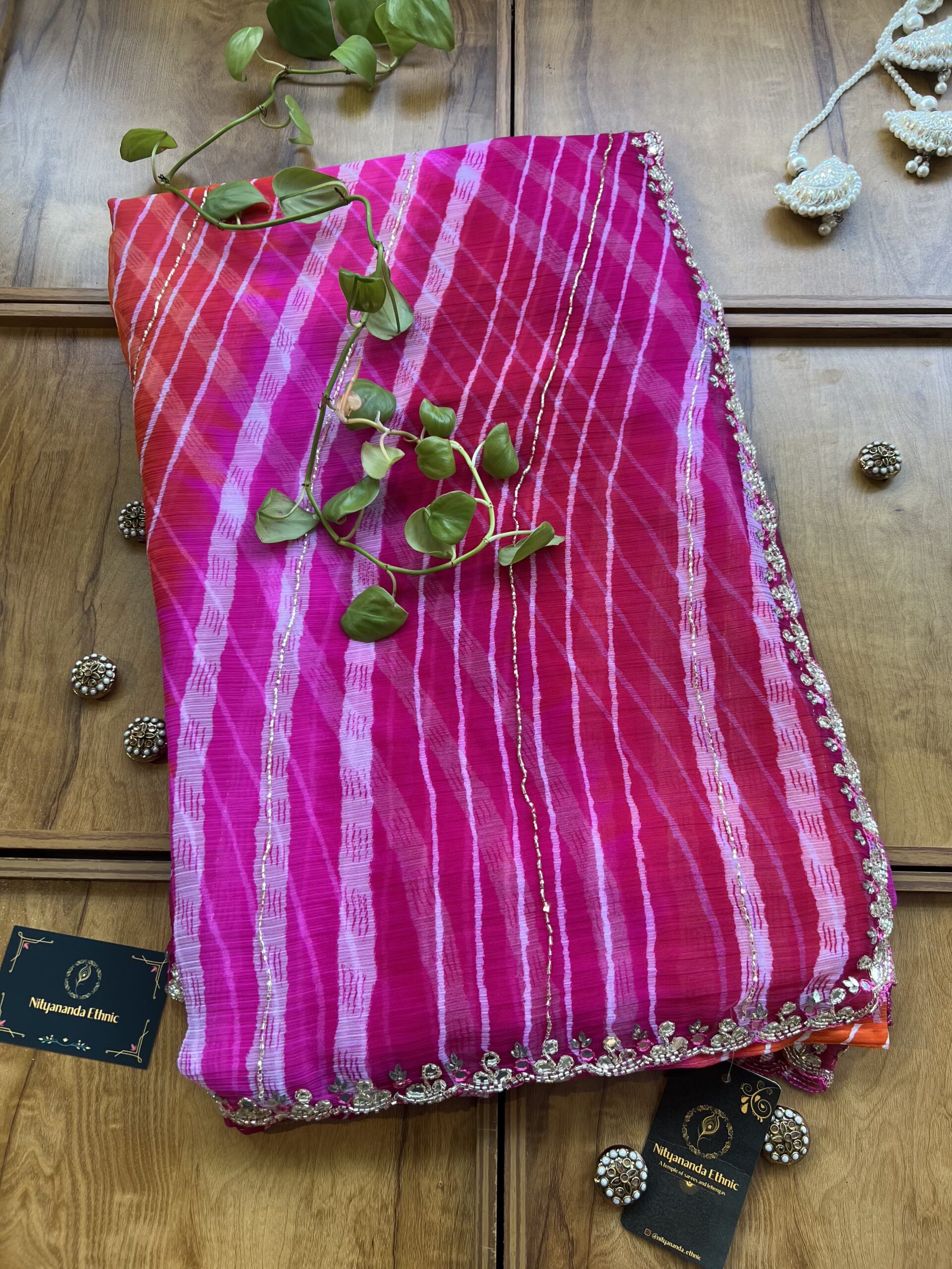 Magenta Orange Chiffon Handwork Leheriya Saree