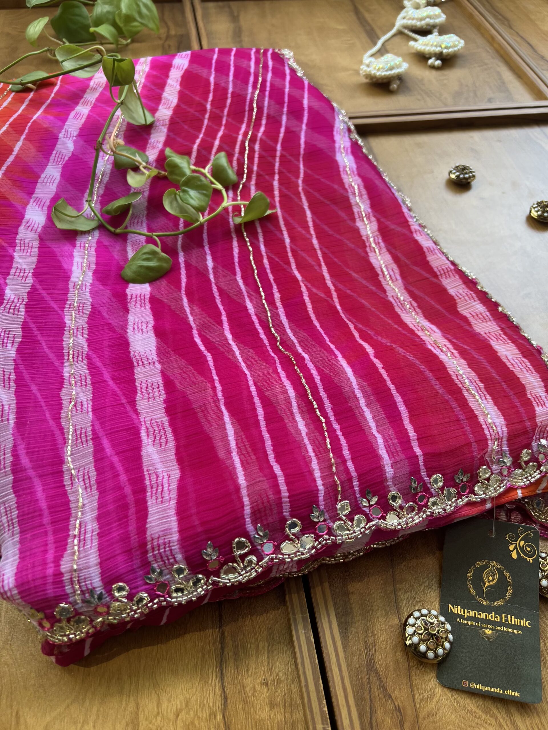 Magenta Orange Chiffon Handwork Leheriya Saree - Image 2