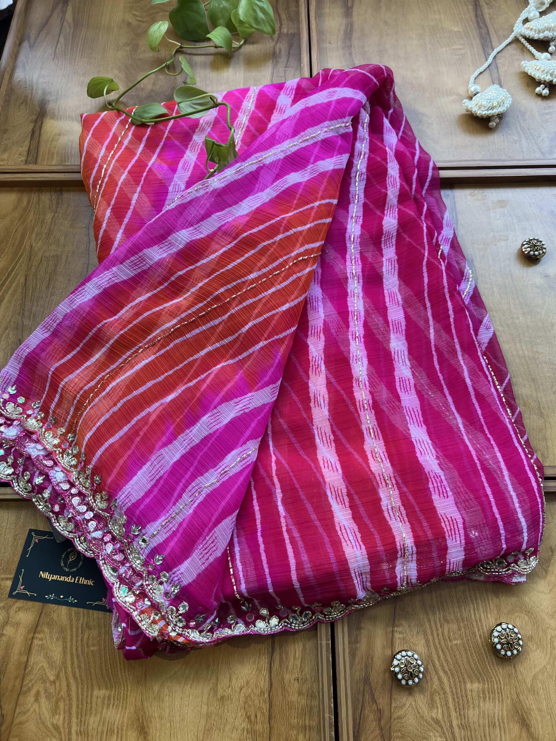 Magenta Orange Chiffon Handwork Leheriya Saree - Image 3