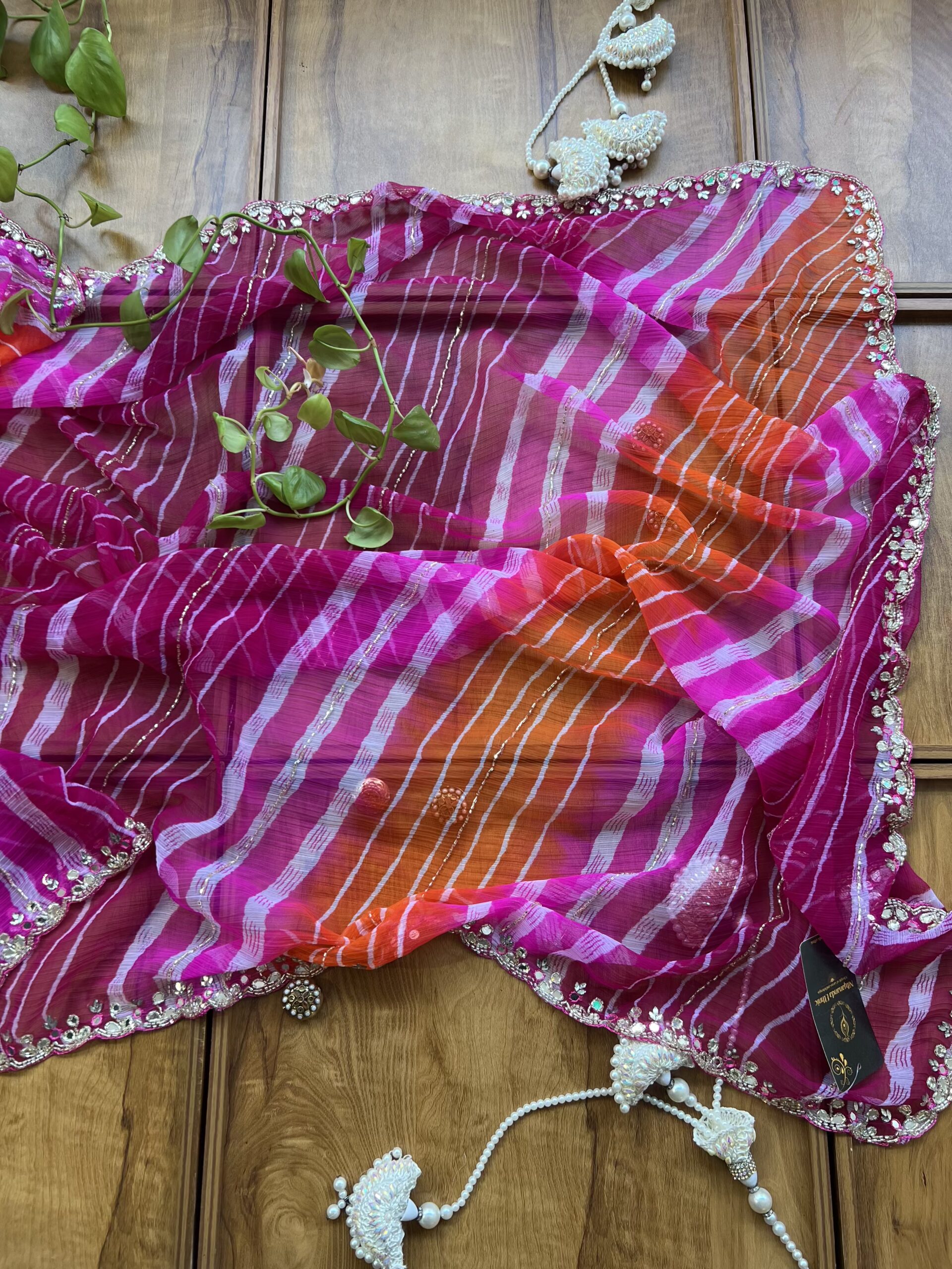 Magenta Orange Chiffon Handwork Leheriya Saree - Image 4