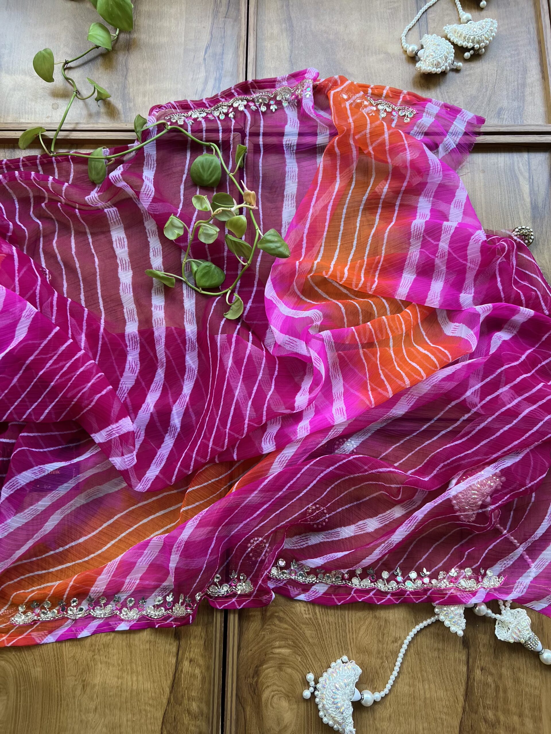 Magenta Orange Chiffon Handwork Leheriya Saree - Image 5