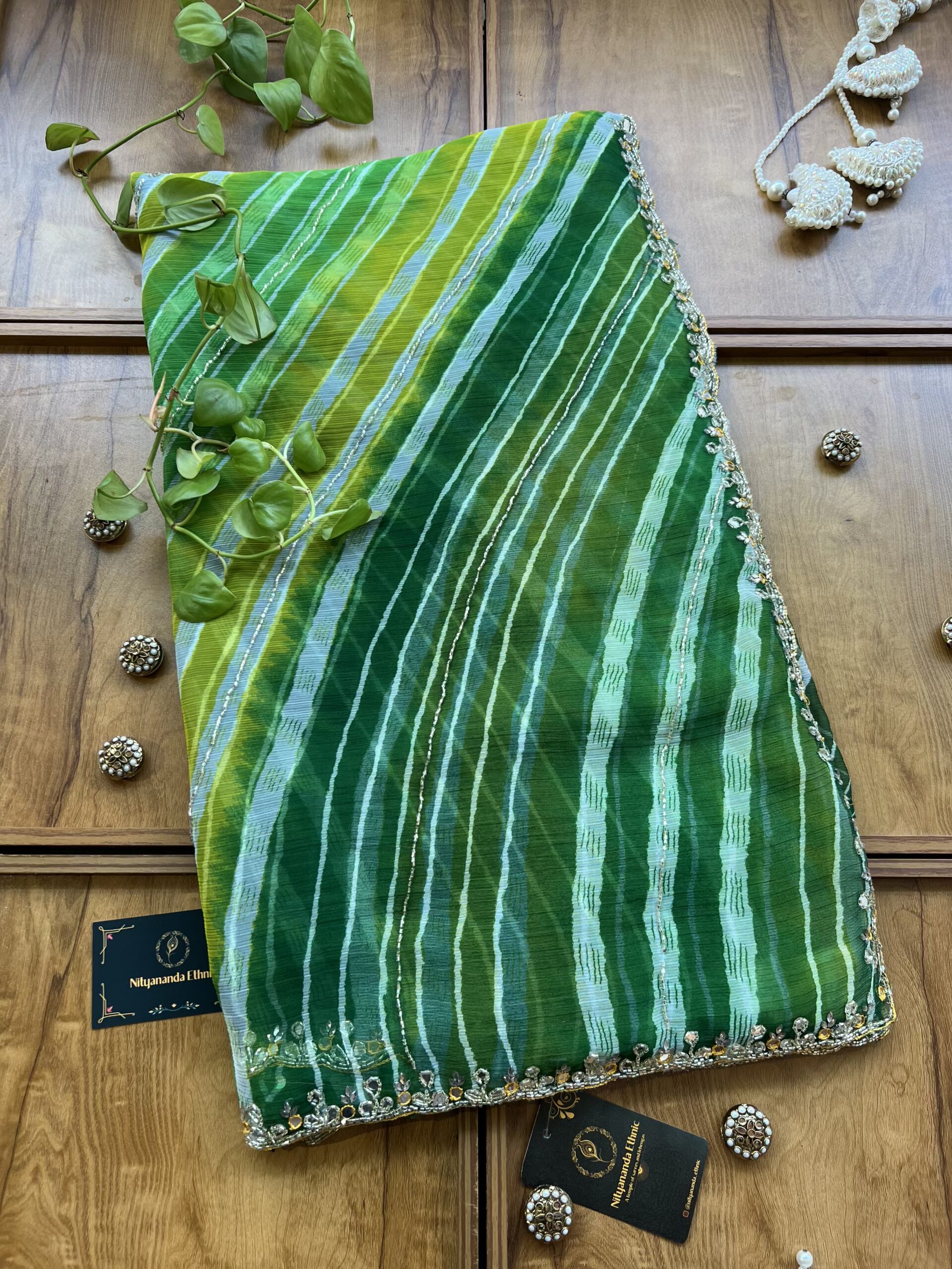 Green Lime Chiffon Handwork Leheriya Saree