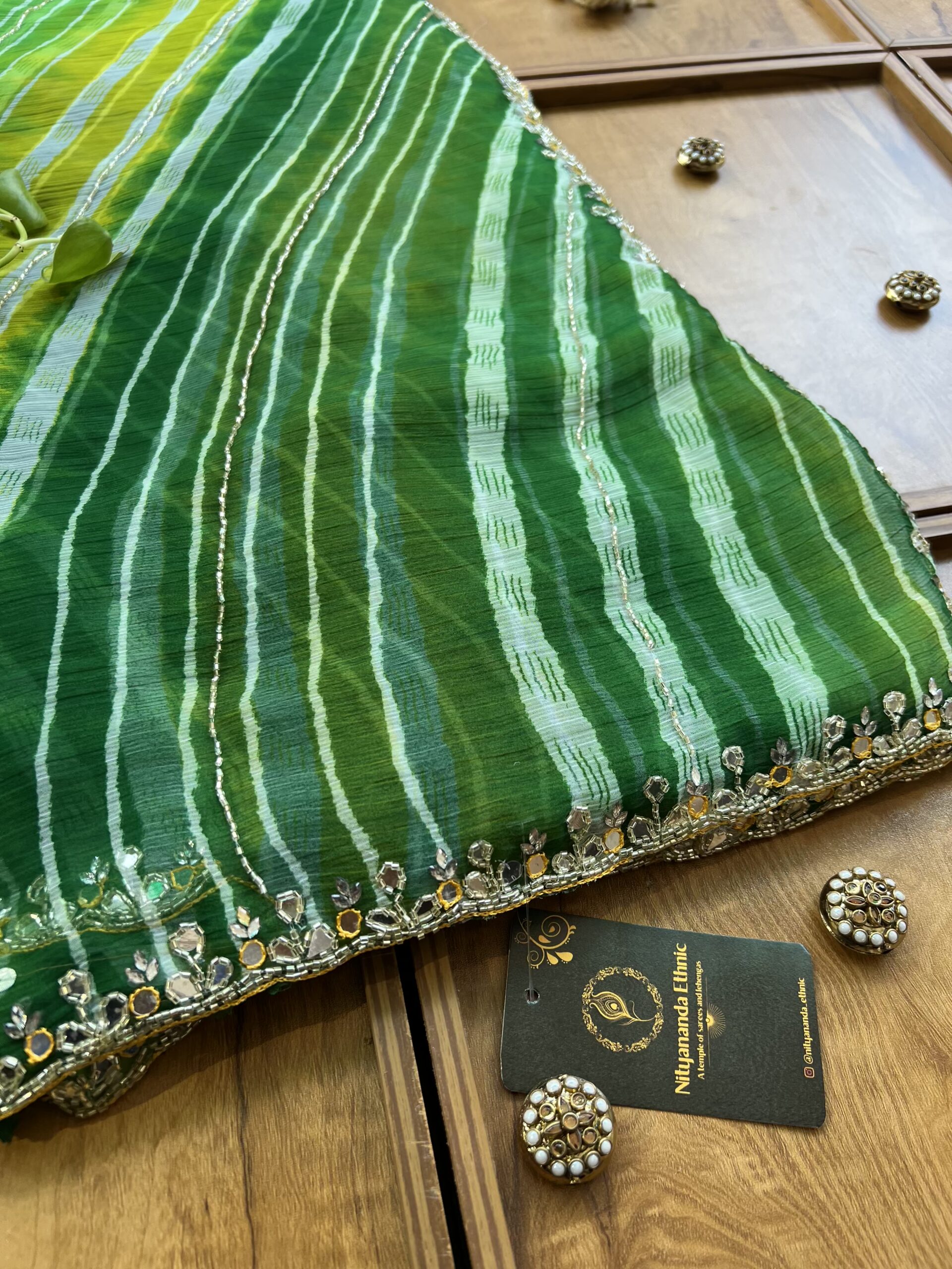 Green Lime Chiffon Handwork Leheriya Saree - Image 2