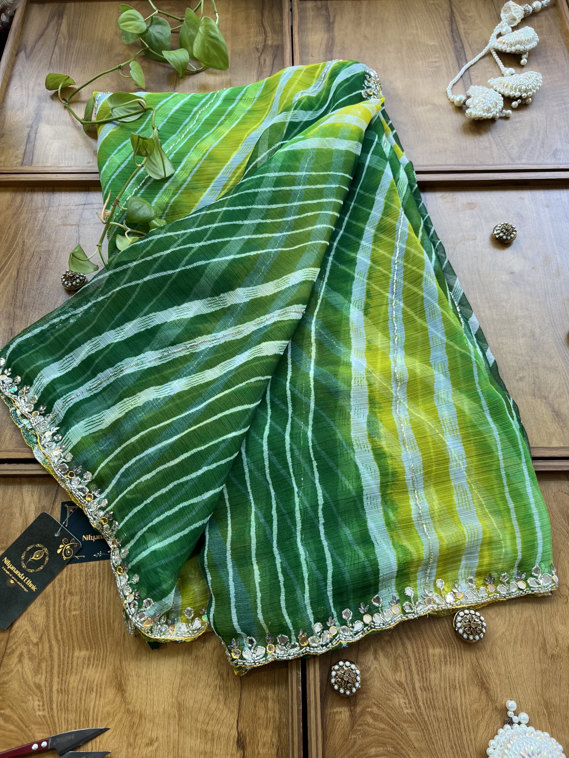 Green Lime Chiffon Handwork Leheriya Saree - Image 3