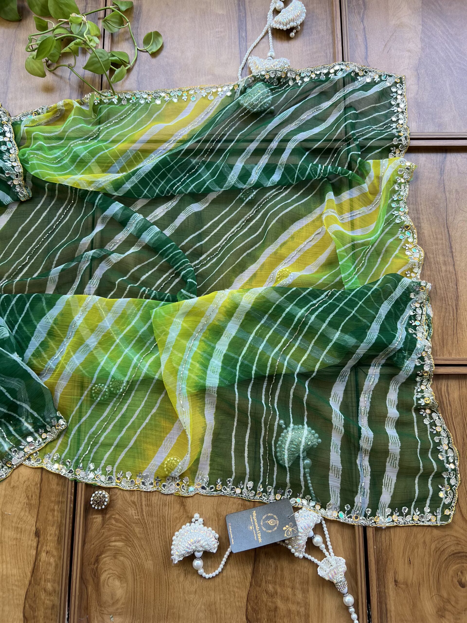Green Lime Chiffon Handwork Leheriya Saree - Image 4