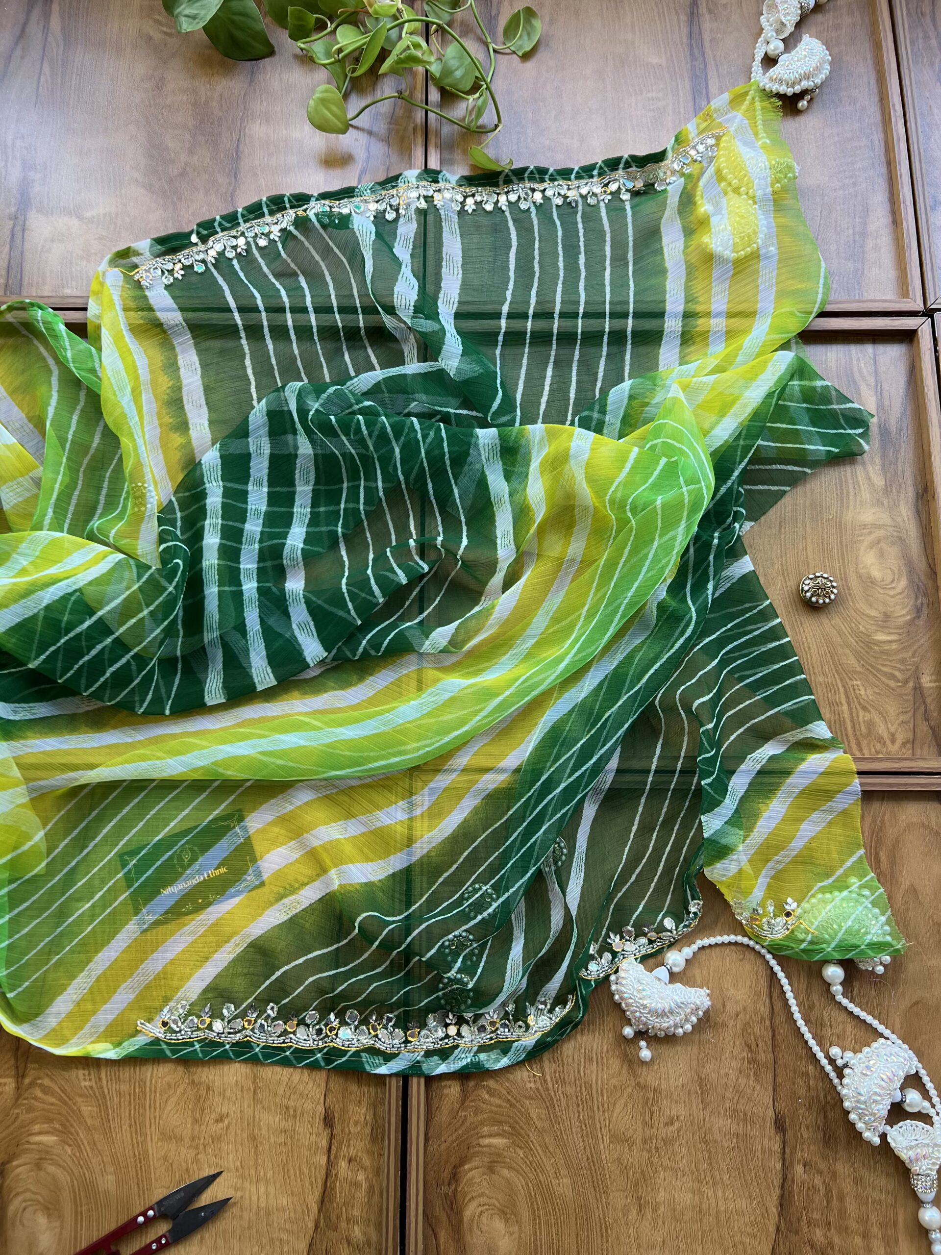 Green Lime Chiffon Handwork Leheriya Saree - Image 5