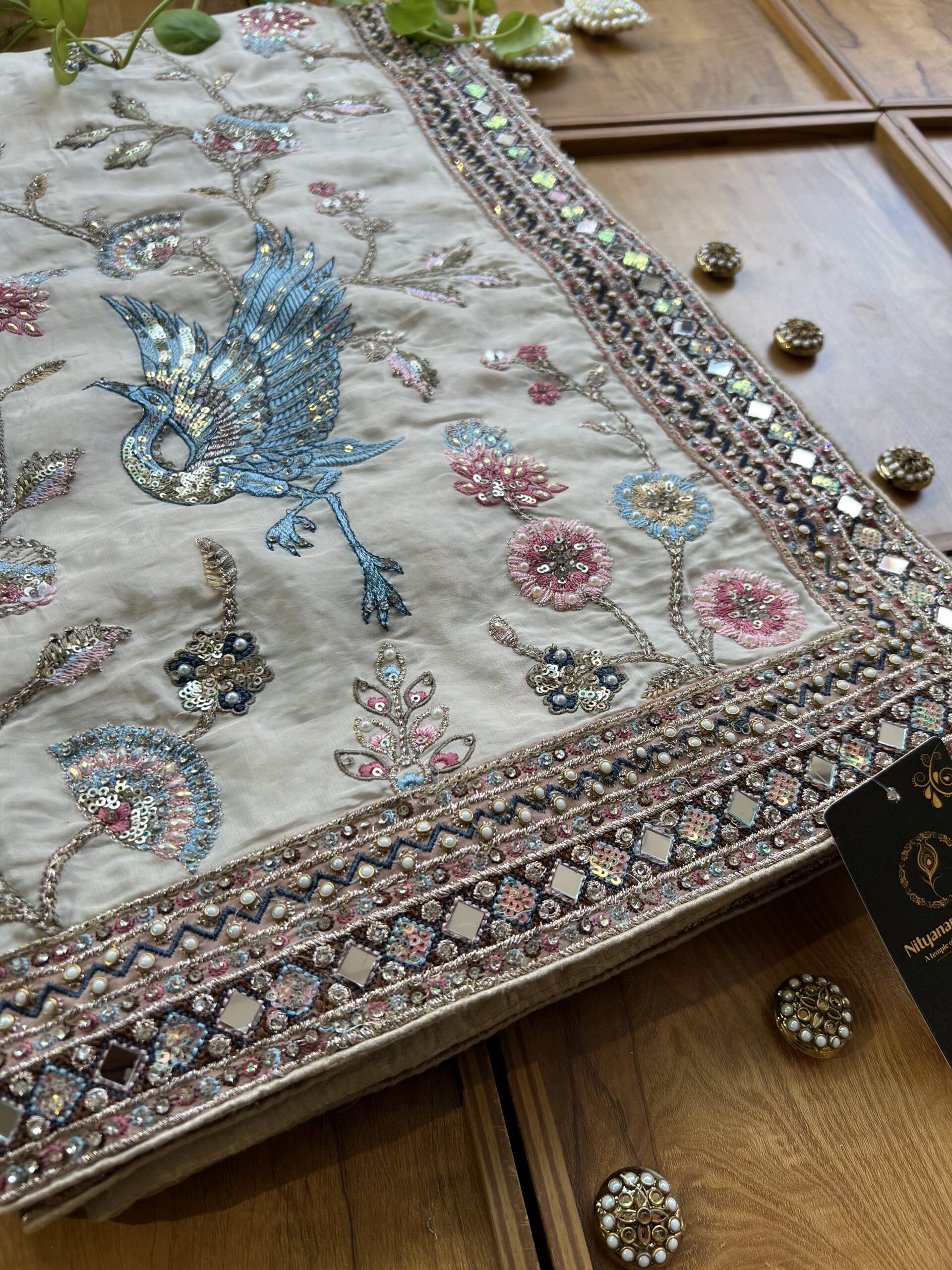 Ivory Cream Multi Resham Jaal Luxury Saree with Heavy Mirror Work Blouse - Image 2