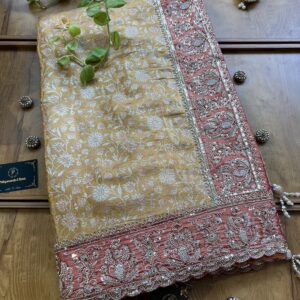 Mango Orange Handloom Silk Saree with Heavy Embroidery Border