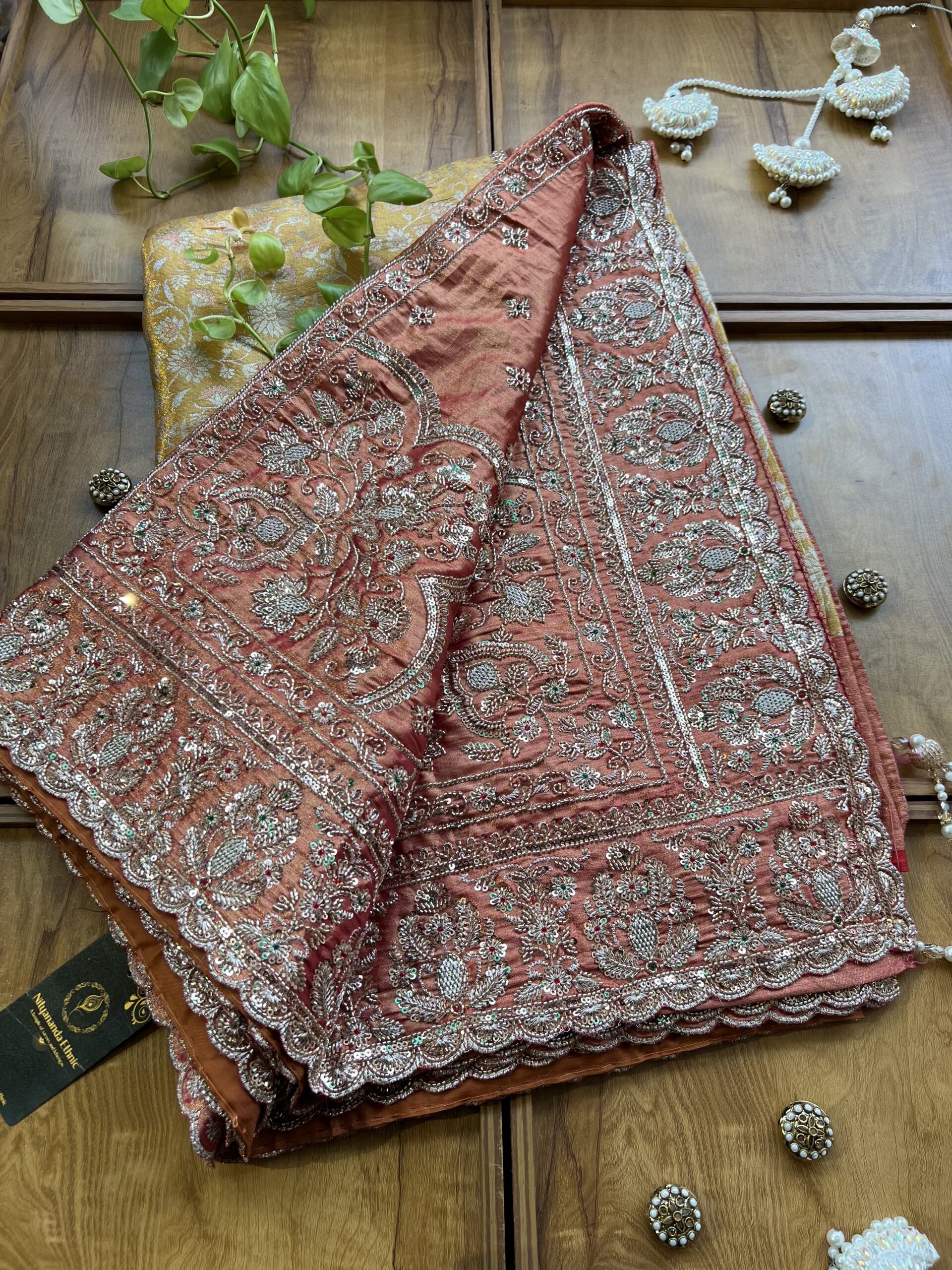 Mango Orange Handloom Silk Saree with Heavy Embroidery Border - Image 3