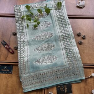 Pastel Blue Woven Silk Saree with Mirror Border & Barfi Cutwork