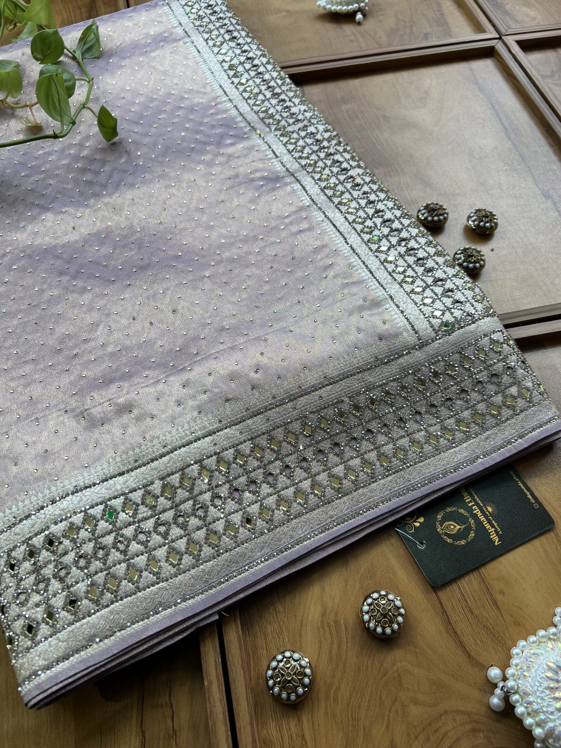 Lavender Woven Silk Saree with Mirror Border & Barfi Cutwork - Image 3