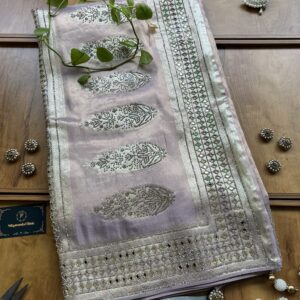 Lavender Woven Silk Saree with Mirror Border & Barfi Cutwork