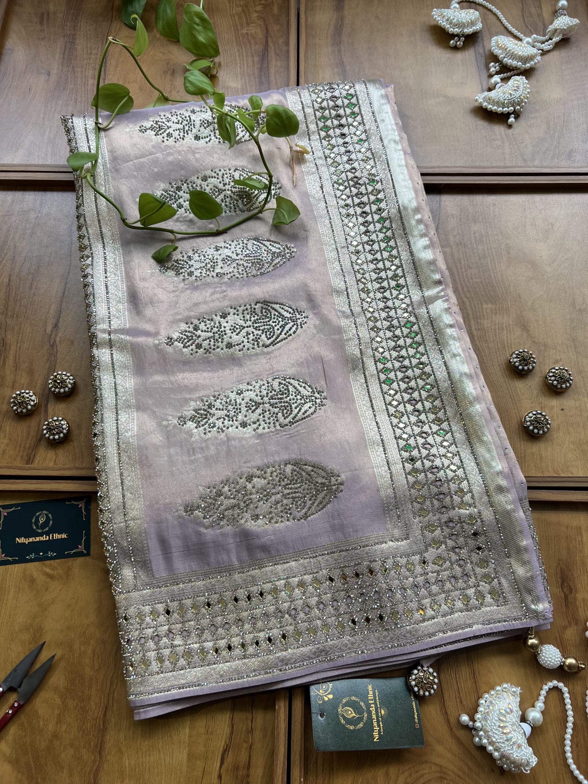 Lavender Woven Silk Saree with Mirror Border & Barfi Cutwork