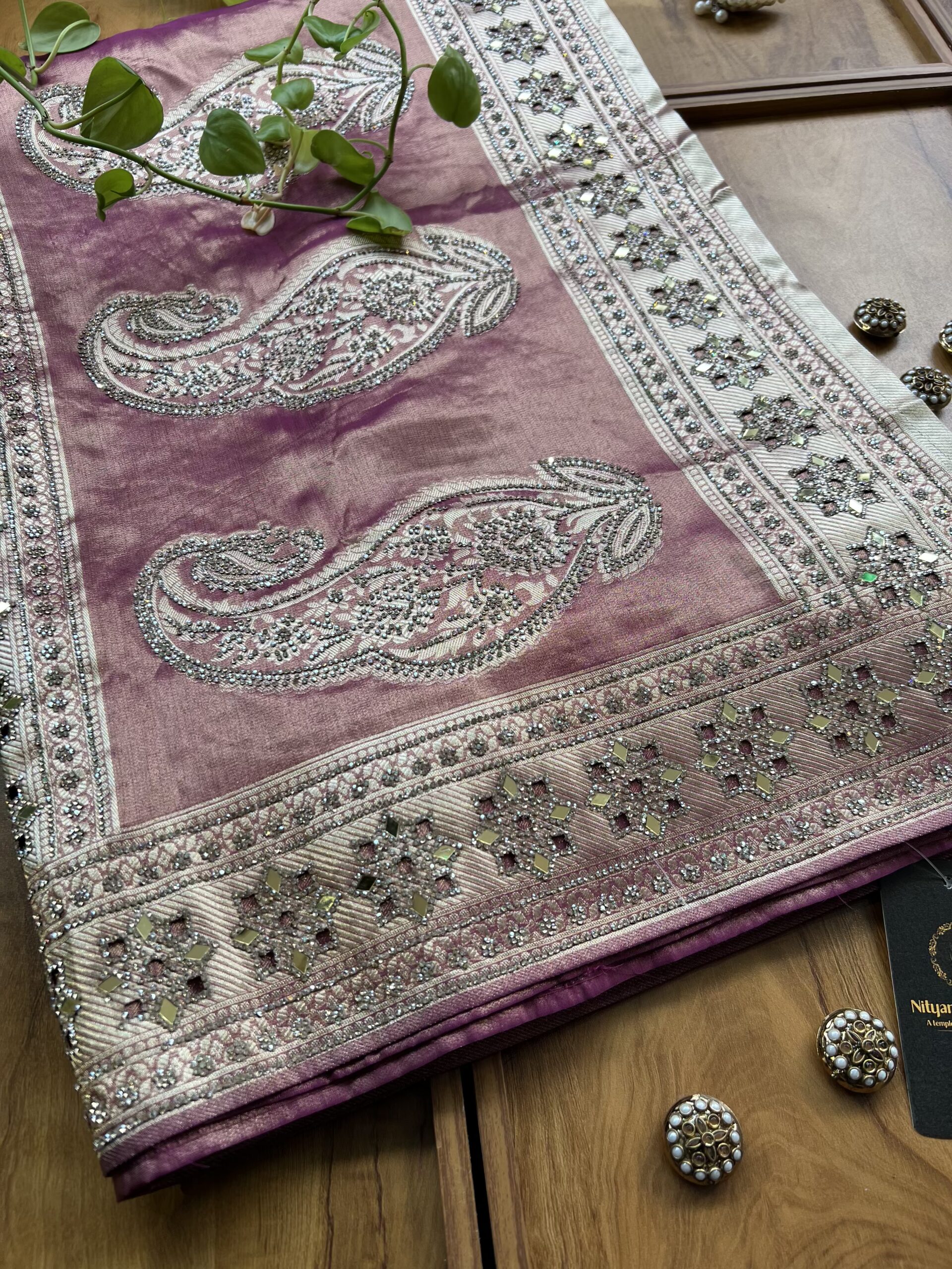 Tulipwood Woven Silk Leheriya Saree with Mirror Border & Petal Cutwork - Image 3