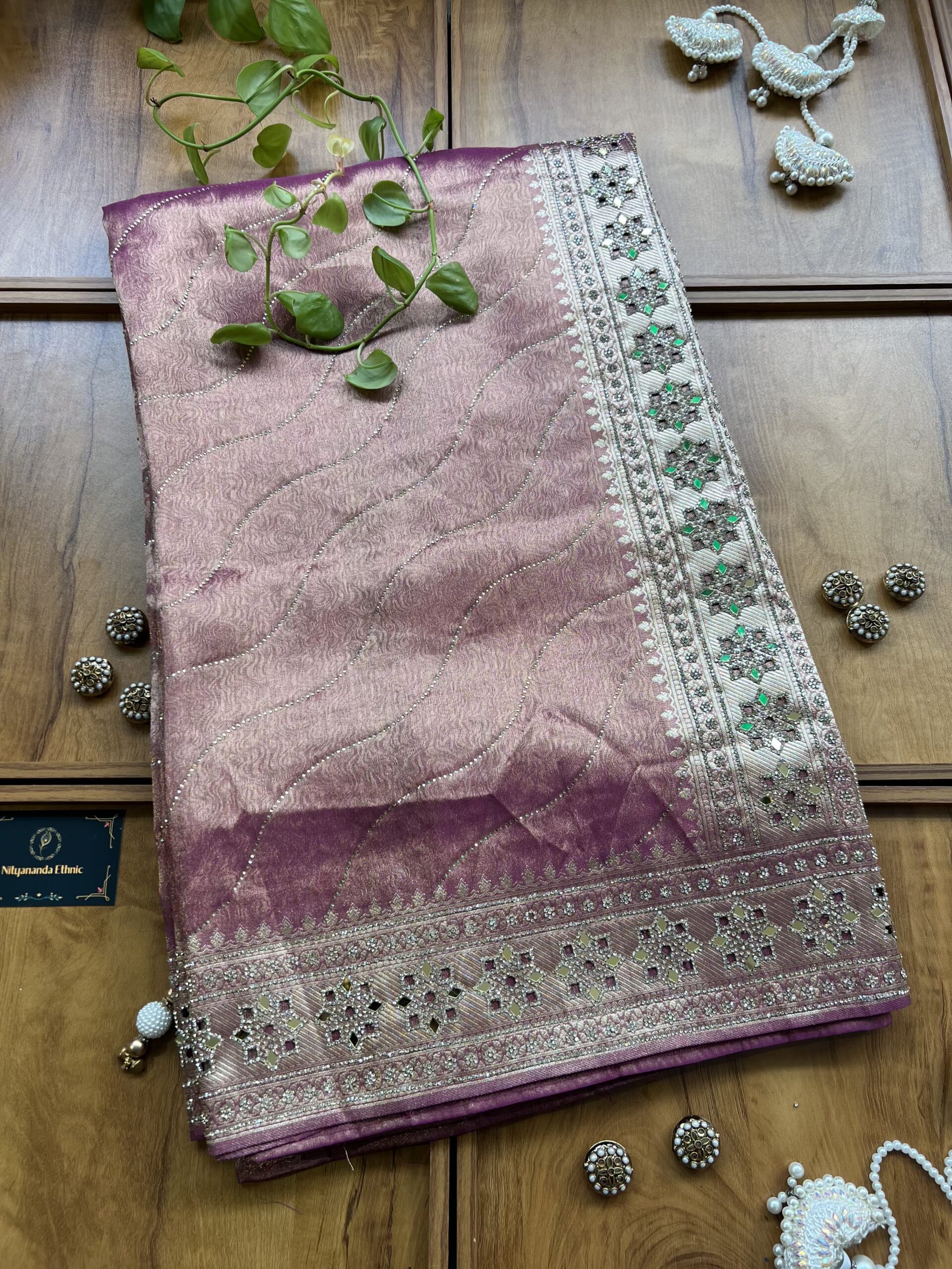 Tulipwood Woven Silk Leheriya Saree with Mirror Border & Petal Cutwork