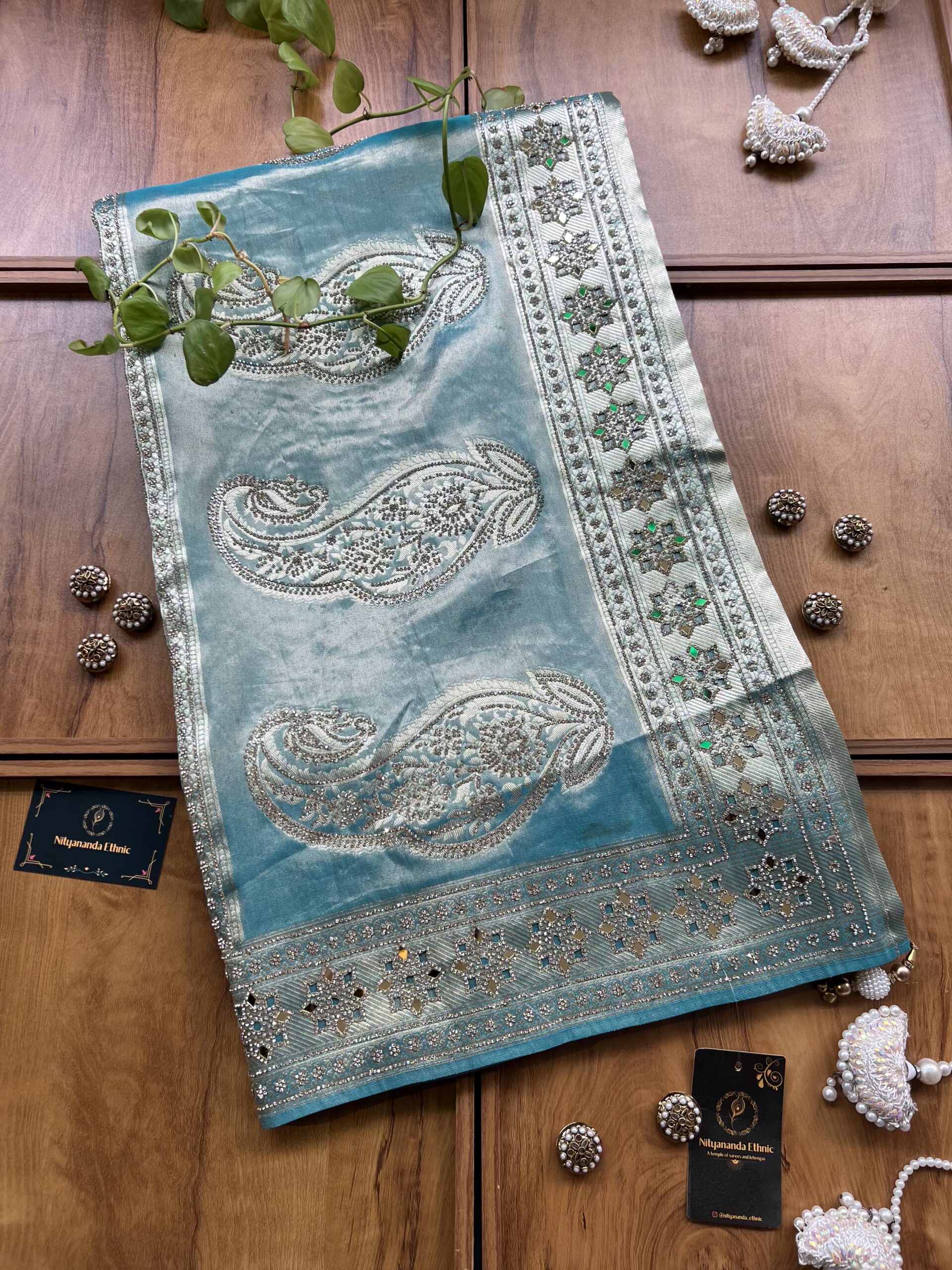 Ocean Blue Woven Silk Leheriya Saree with Mirror Border & Petal Cutwork - Image 2