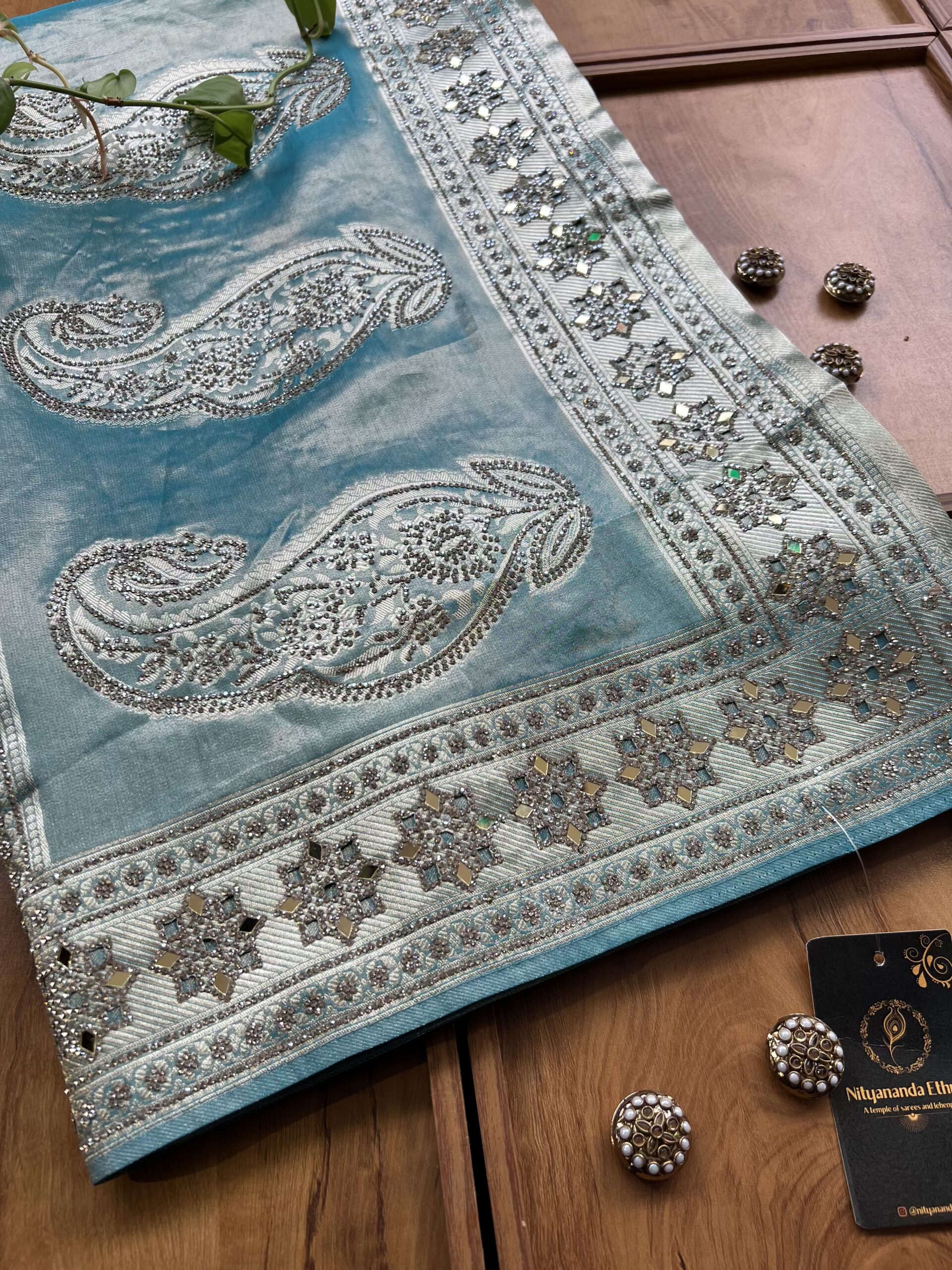 Ocean Blue Woven Silk Leheriya Saree with Mirror Border & Petal Cutwork - Image 3