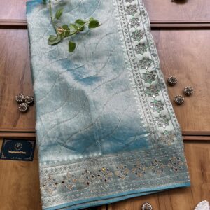 Ocean Blue Woven Silk Leheriya Saree with Mirror Border & Petal Cutwork