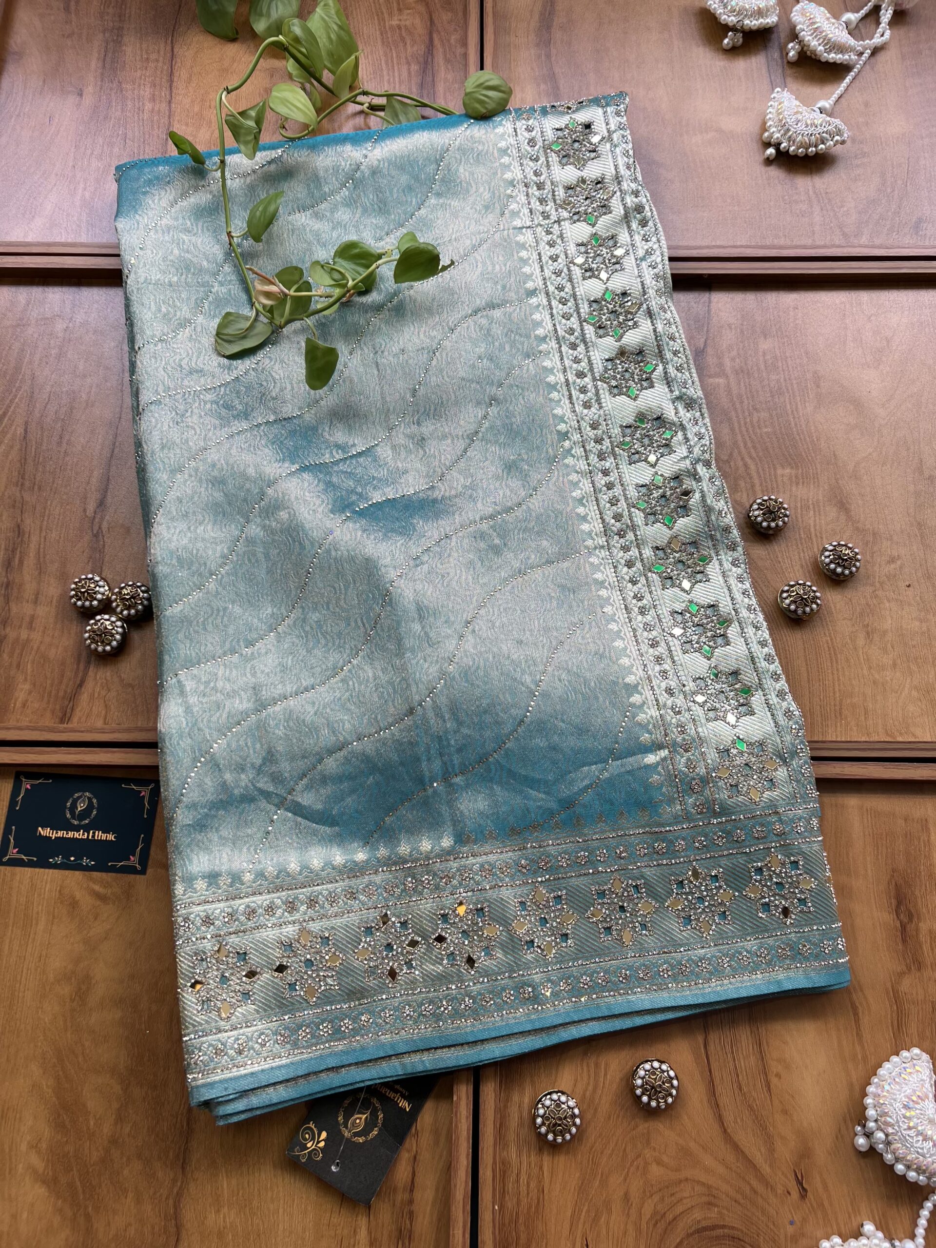 Ocean Blue Woven Silk Leheriya Saree with Mirror Border & Petal Cutwork