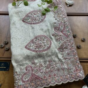 Ivory Gold Jacquard Self Handwork Kerry Border Bridal Saree with Magenta Blouse
