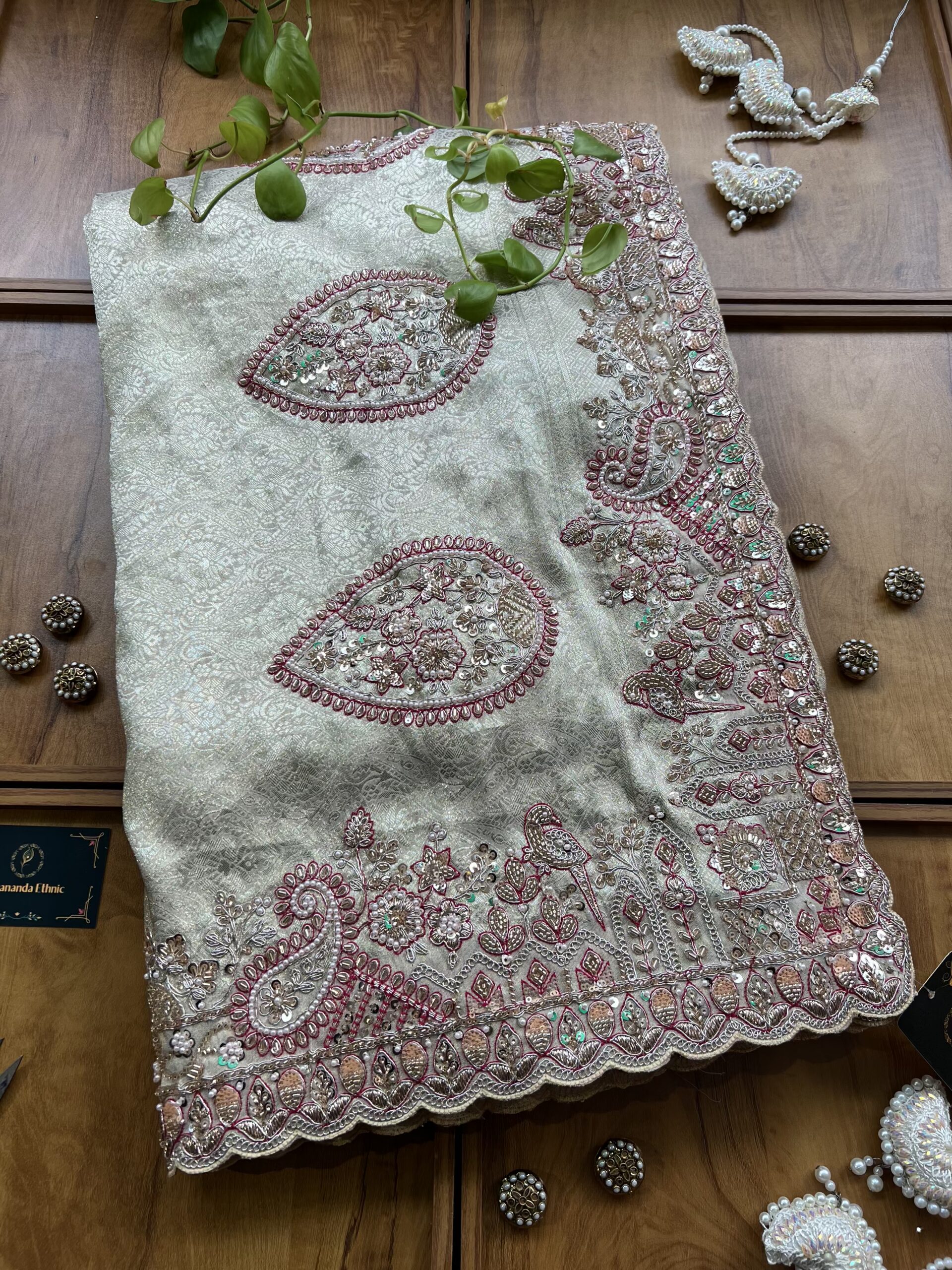 Ivory Gold Jacquard Self Handwork Kerry Border Bridal Saree with Magenta Blouse